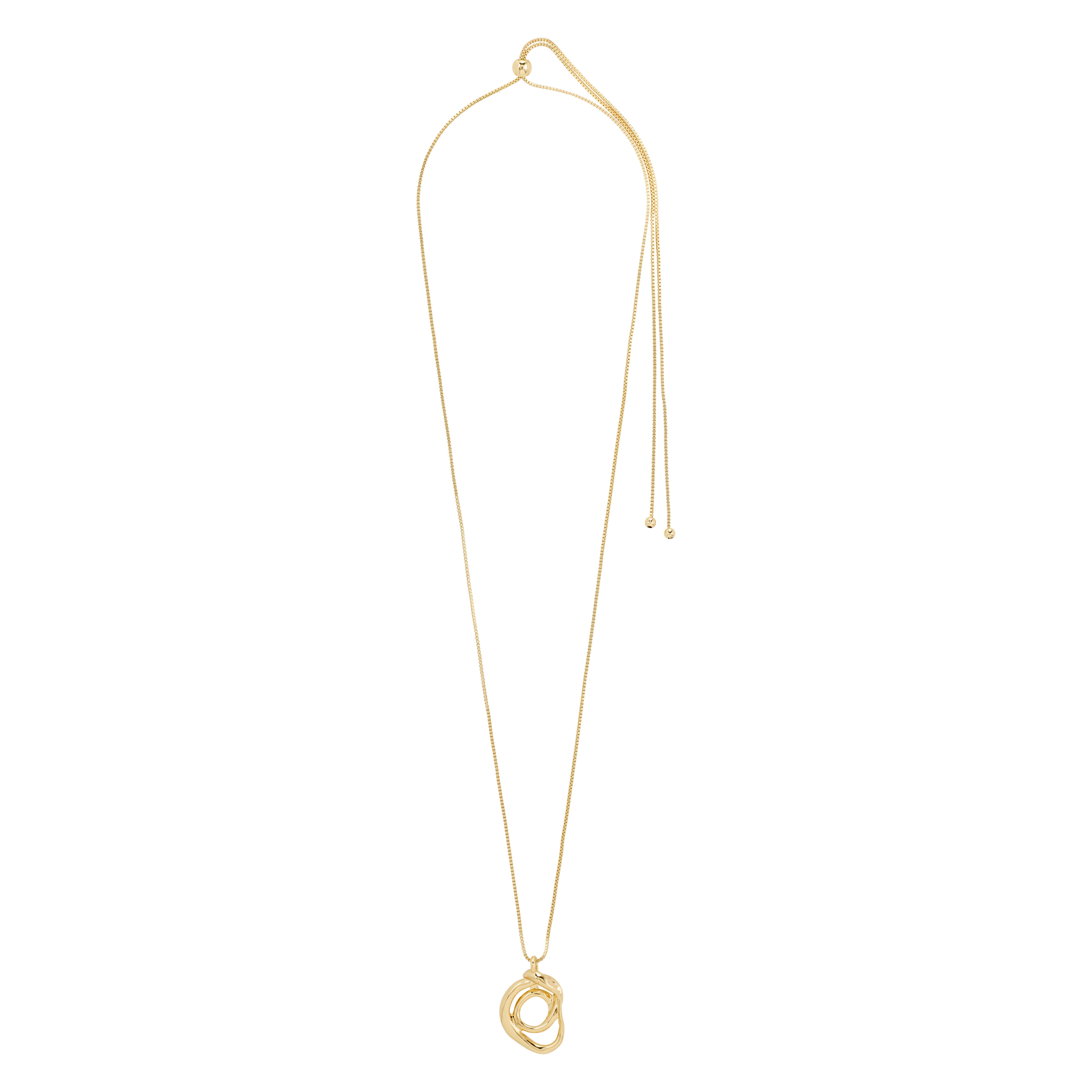 Gold-plated DIEGO necklace with a twisted doodle pendant and adjustable slide lock, crafted from recycled materials, offering a creative, stylish edge to any outfit.
