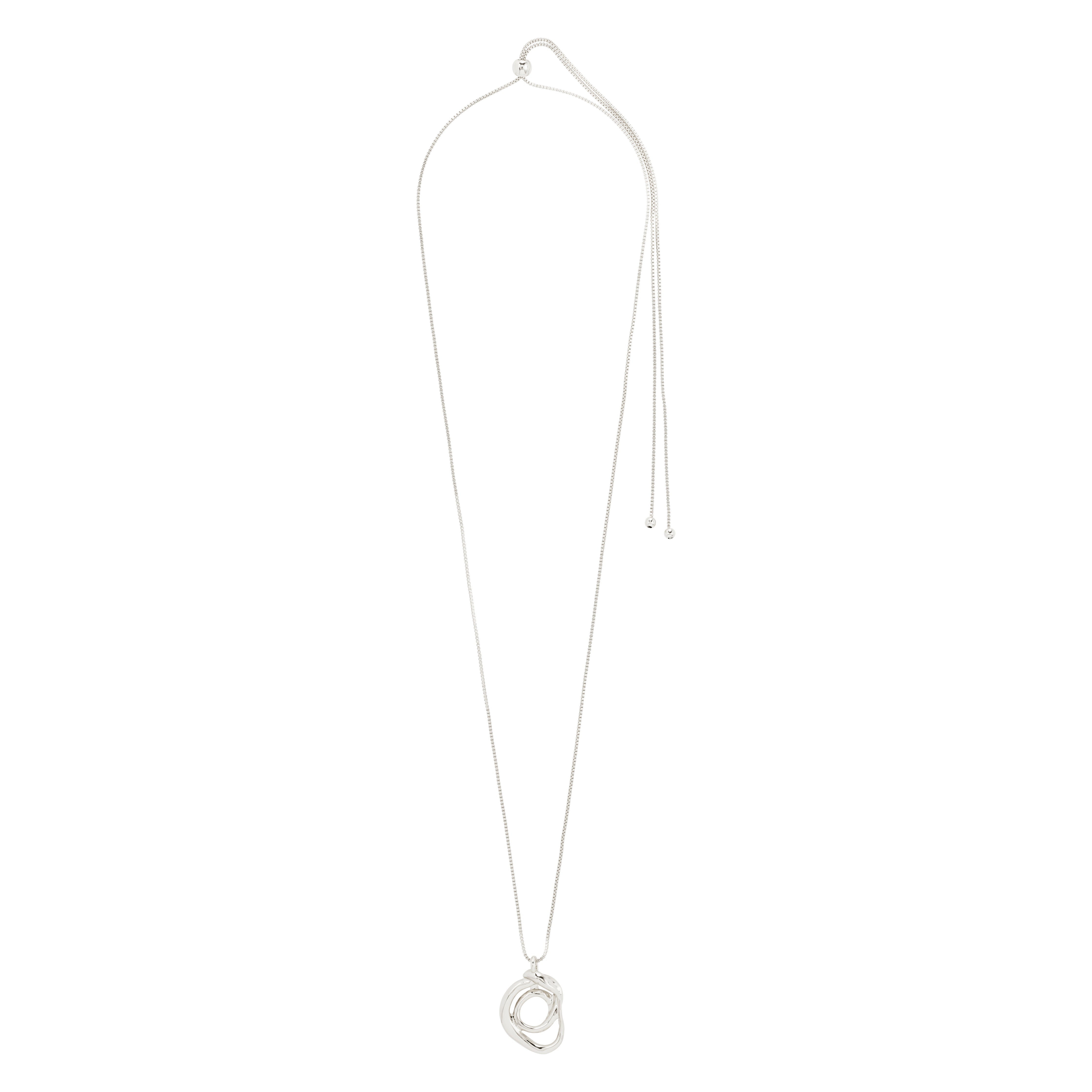 Silver-plated DIEGO necklace with a twisted doodle pendant, 80 cm length, adjustable slide lock, crafted from 99% recycled materials, offering an artsy twist to any outfit.