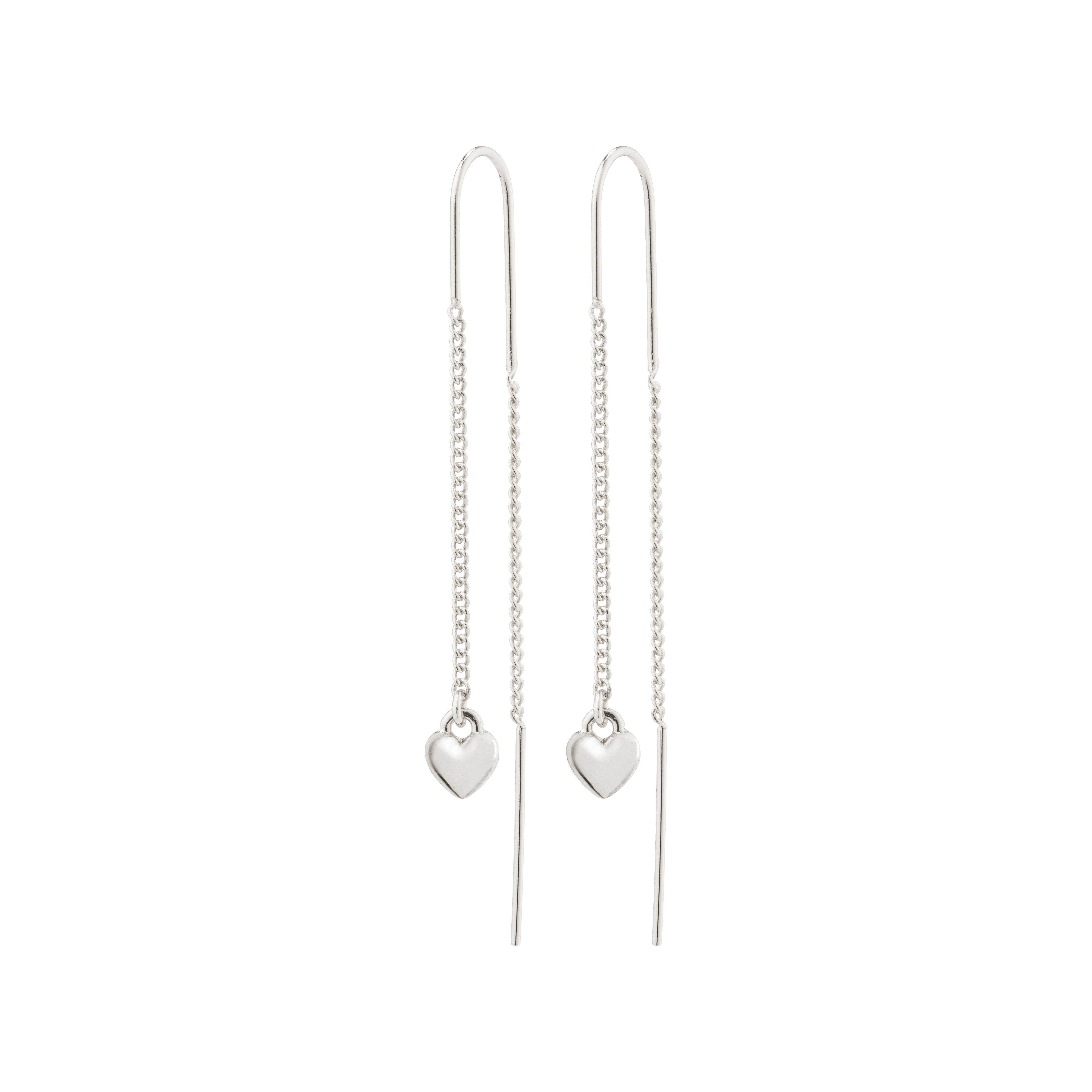 AFRODITTE heart chain-earrings, silver-plated, featuring silver heart pendants and elegant chains. Crafted from 99% recycled material, these earrings exude simplicity and love.