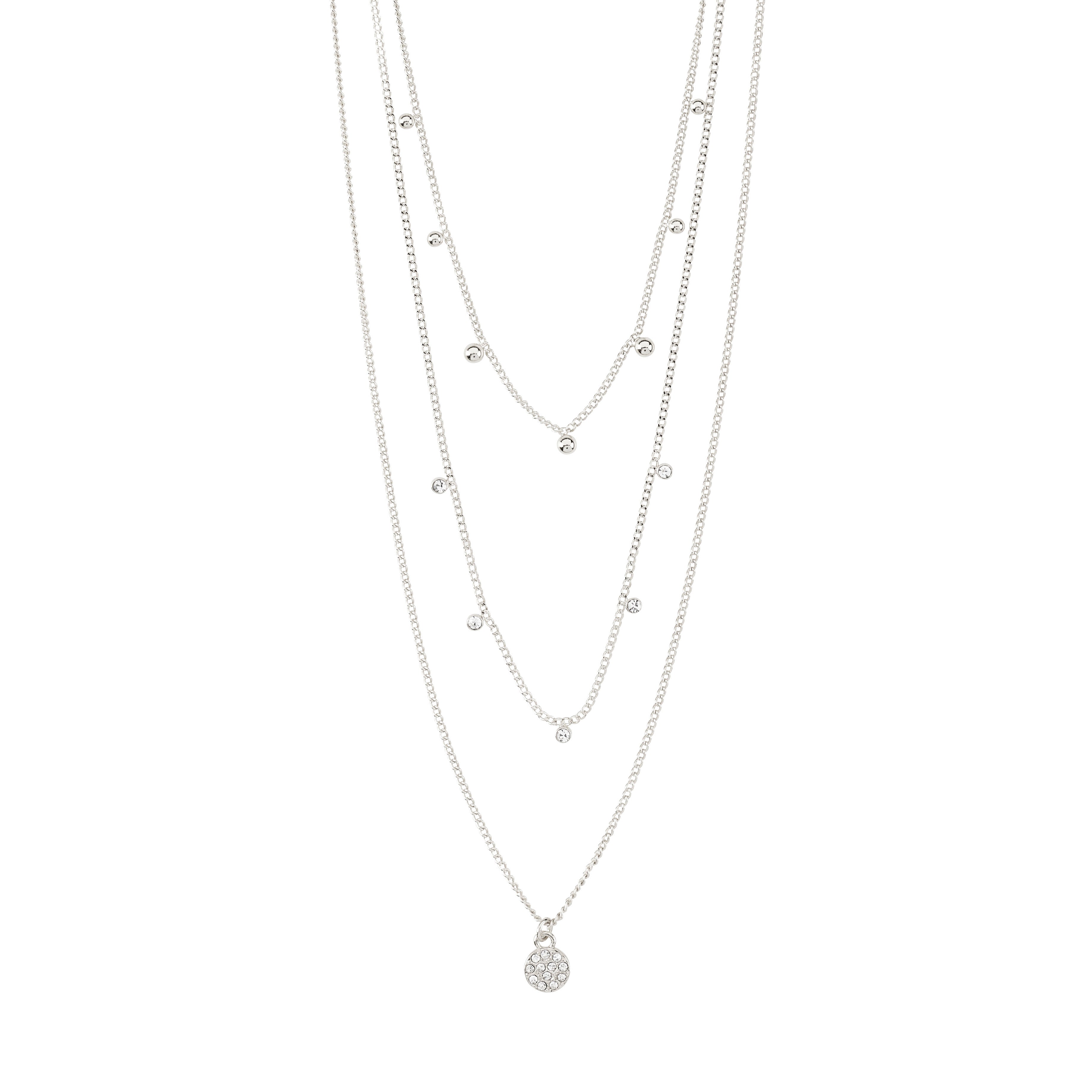 CHAYENNE crystal necklace silver-plated with a 3-in-1 layered design, featuring slim chains and sparkling Preciosa crystals. Measures 38 cm plus 9 cm extension.