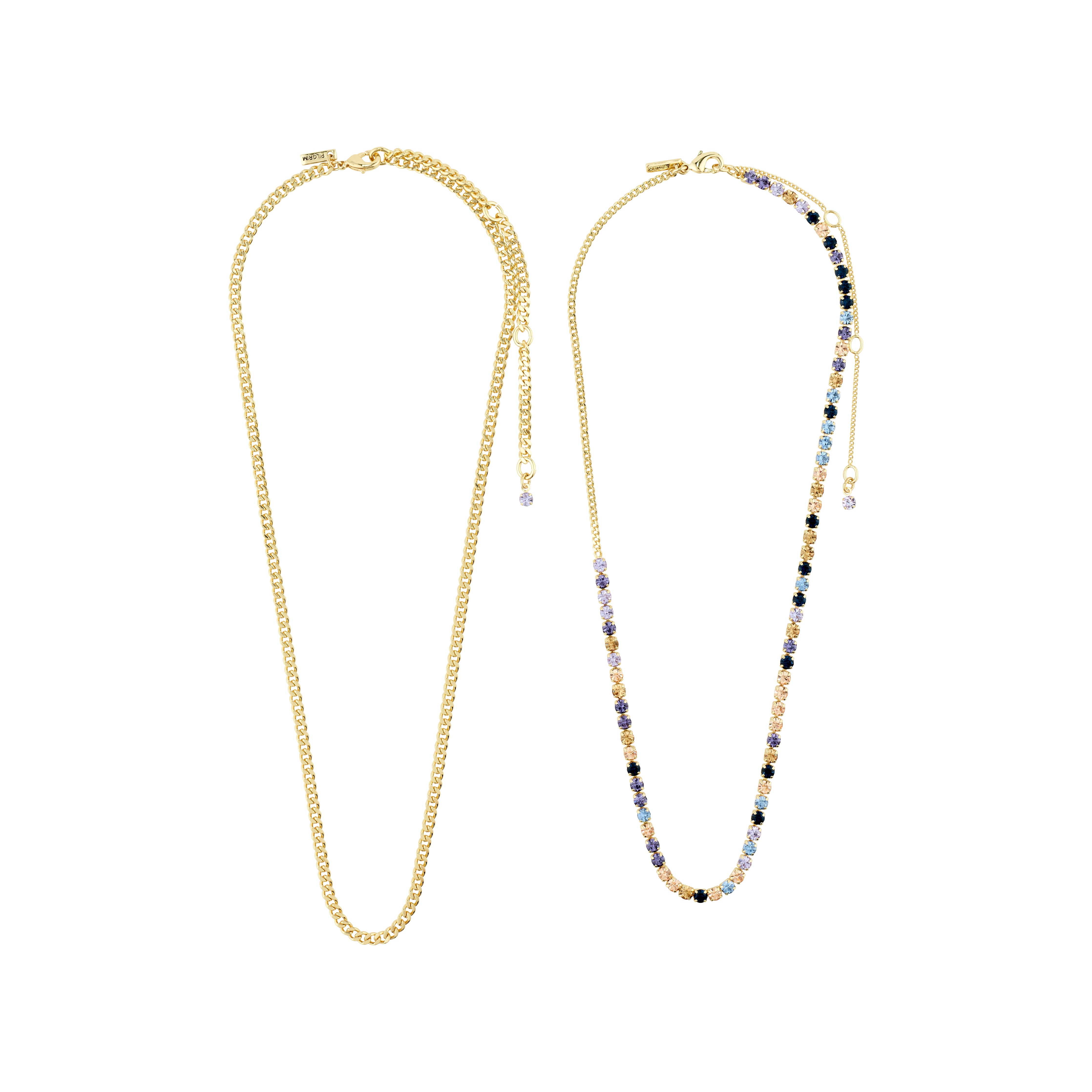 REIGN necklaces, 2-in-1 set, gold-plated: a layered combination featuring a classic curb chain and a chain adorned with blue and champagne Preciosa crystals.