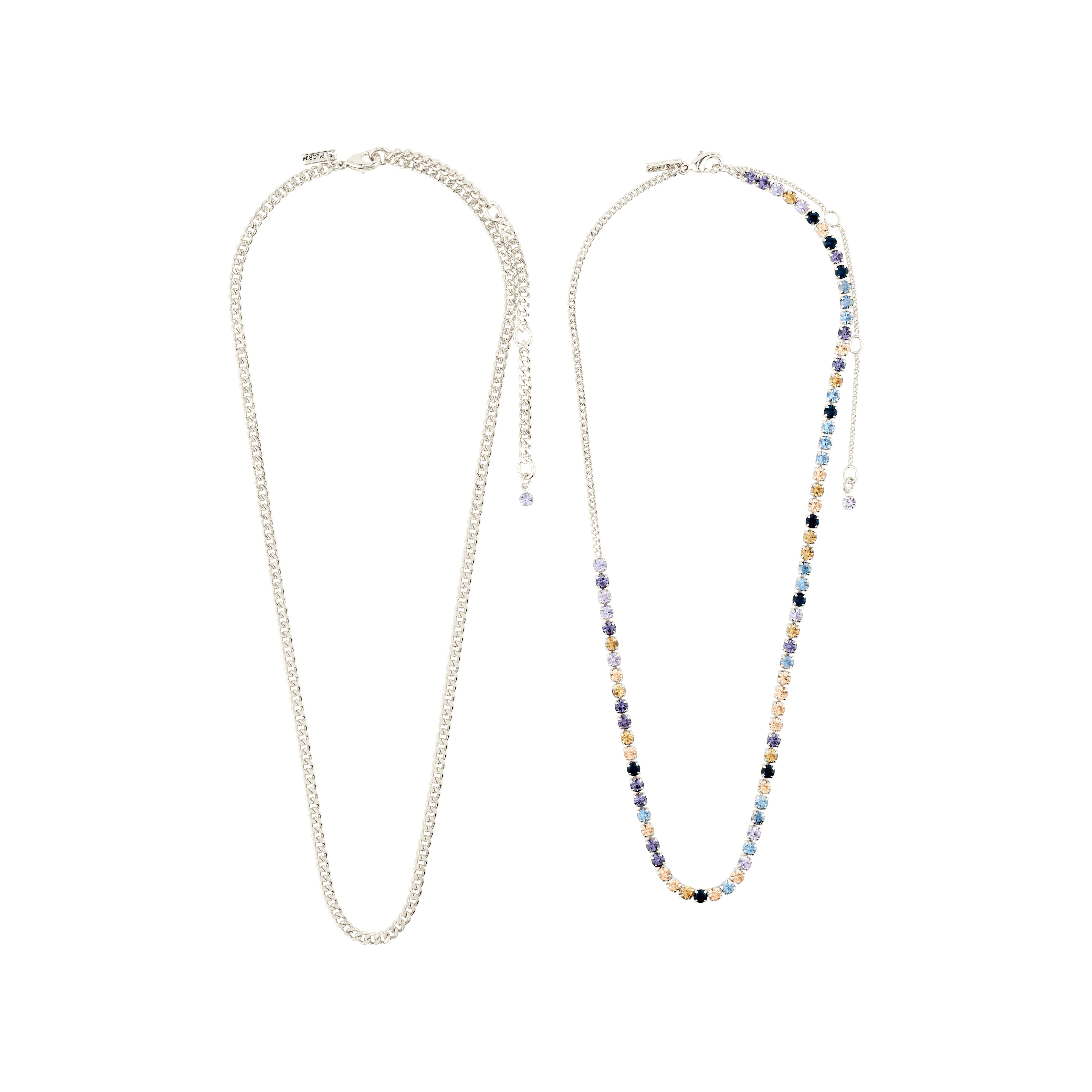 REIGN necklaces 2-in-1 set: silver-plated curb chain paired with a chain of blue and champagne Preciosa crystals, adjustable for versatile styling.