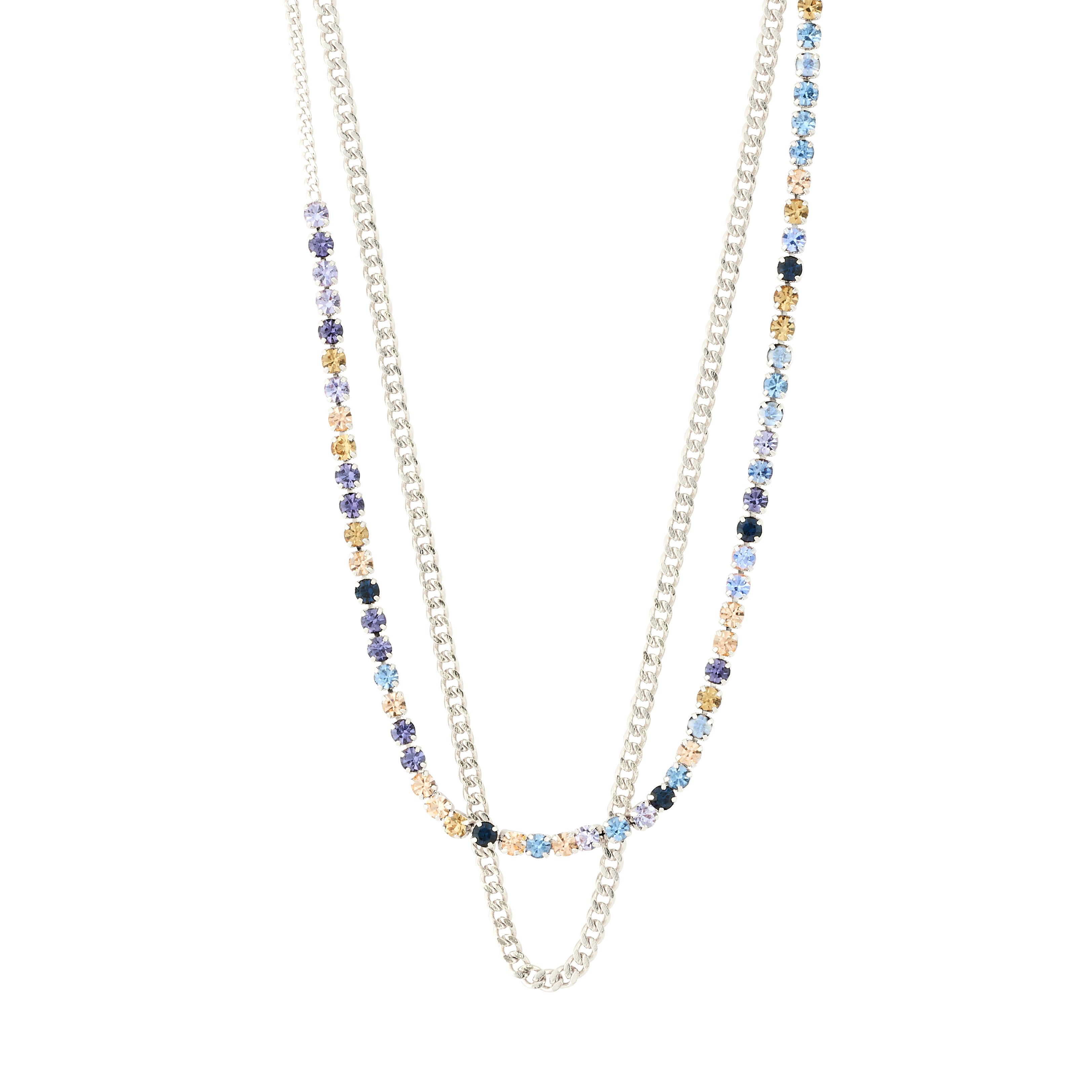 REIGN necklaces 2-in-1 set, featuring a silver-plated curb chain and sparkling blue and champagne Preciosa crystals, perfect for layering and adjustable for versatile styling.