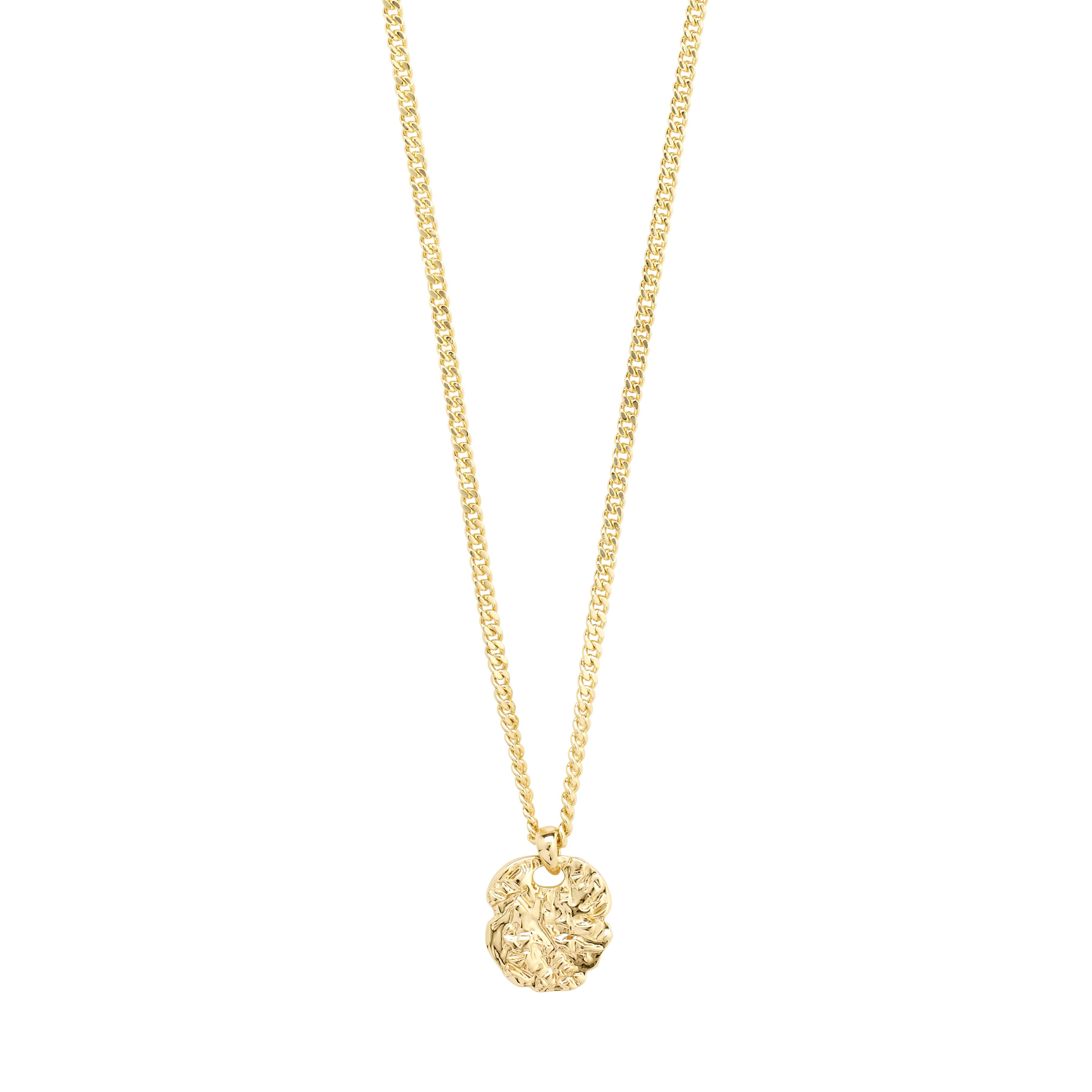 SCOTTIE coin necklace gold-plated with a textured round pendant on a slender gold chain, highlighting a stylish, genderless design from Pilgrim.