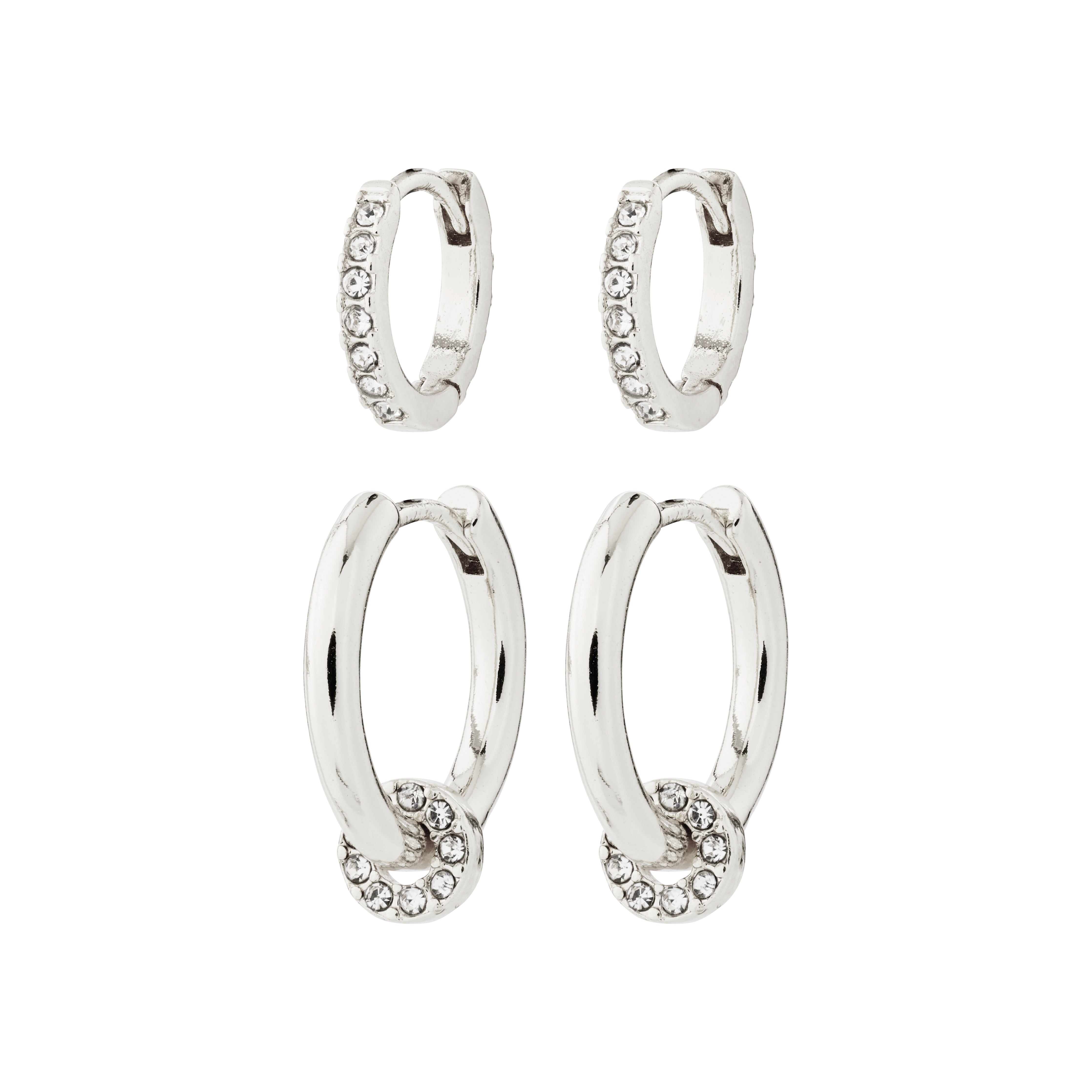 SCOTTIE earrings 2-in-1 set silver-plated features classic huggie hoops with front crystals and hoops with removable crystal pendant, perfect for versatile styling.