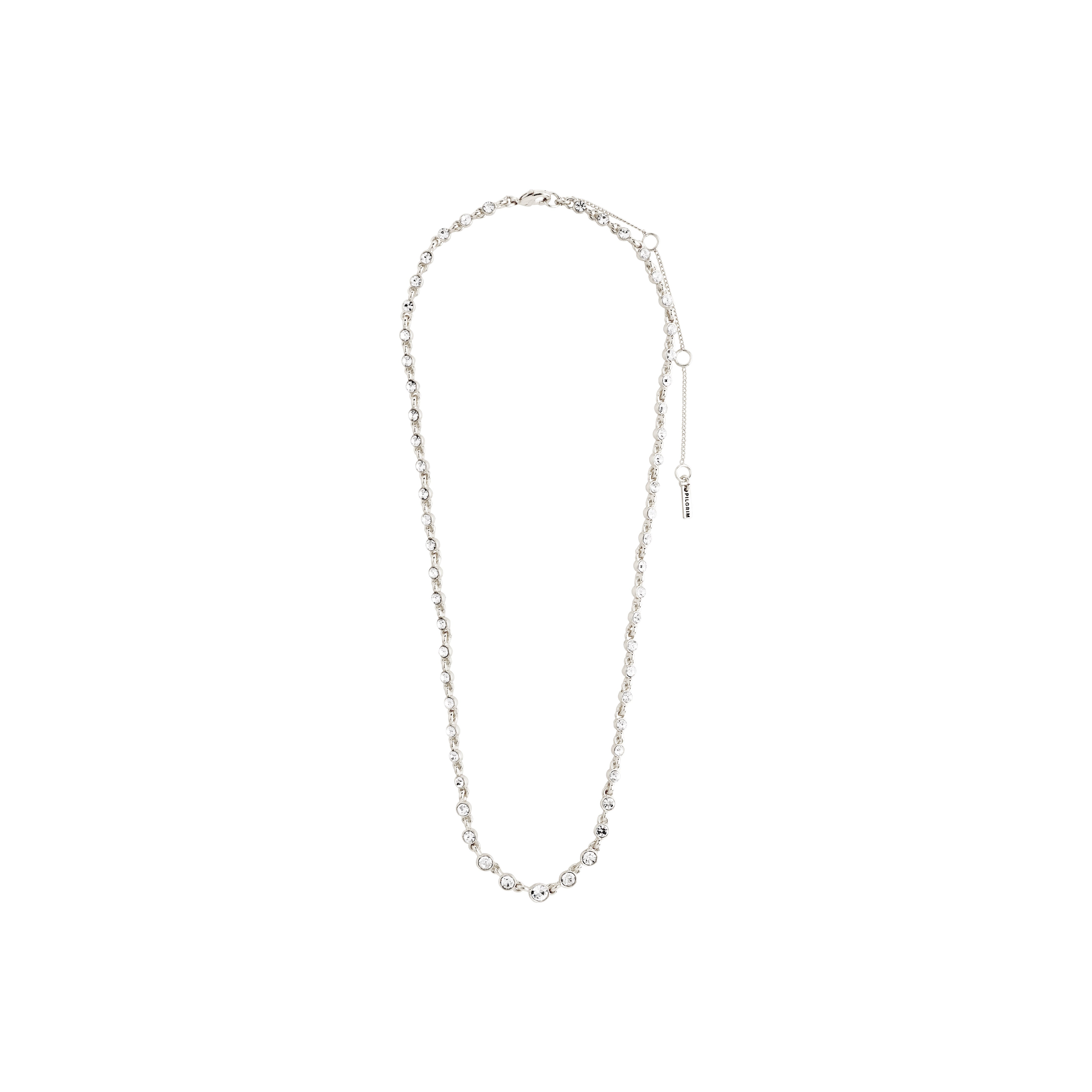 IMOGENE necklace, silver-plated with Preciosa crystals, features a minimalist chain and tassel pendant, perfect for versatile styling and adding a touch of elegance.