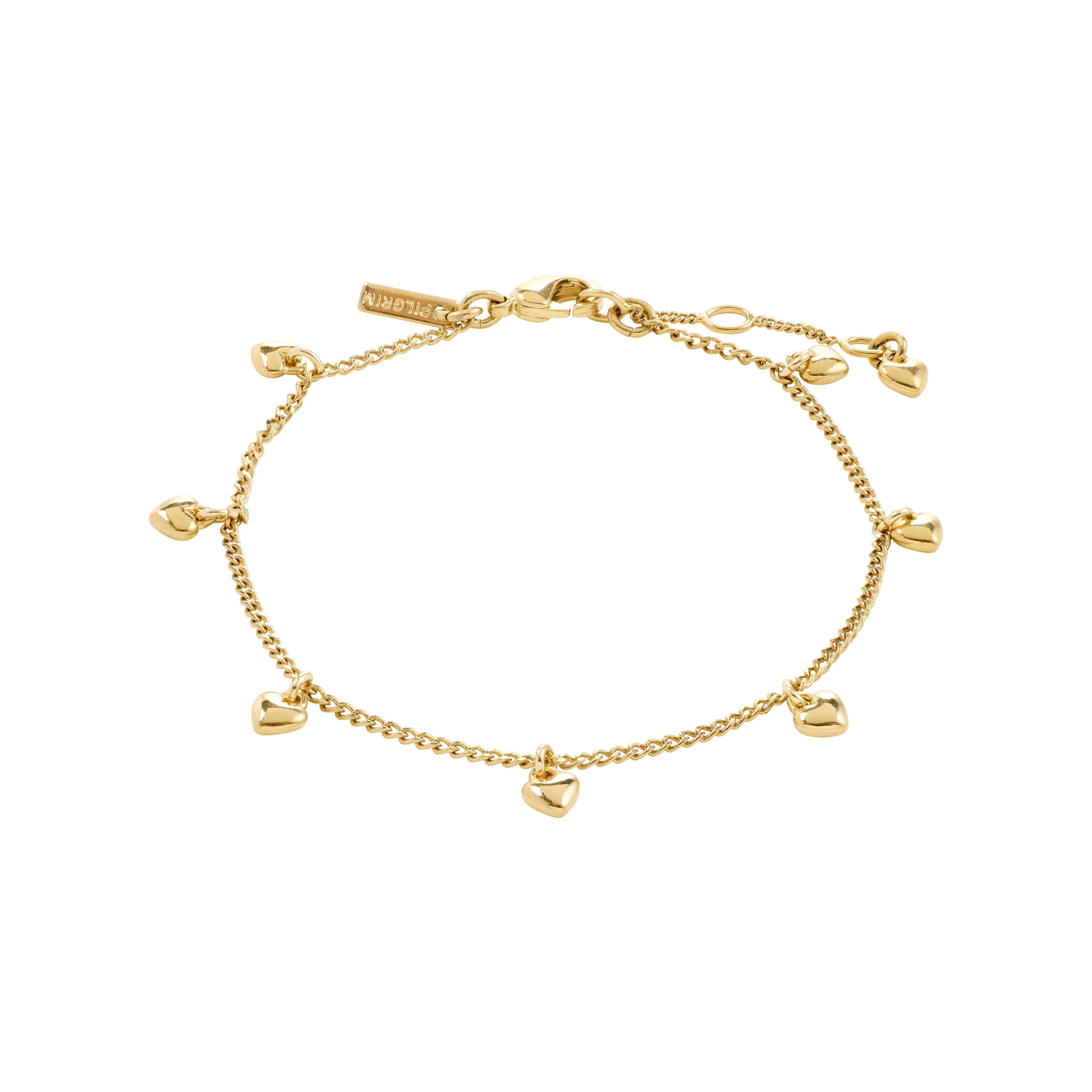 ALAIA bracelet gold-plated with eight small heart pendants, offering a romantic and playful touch, ideal for daily wear or special occasions.