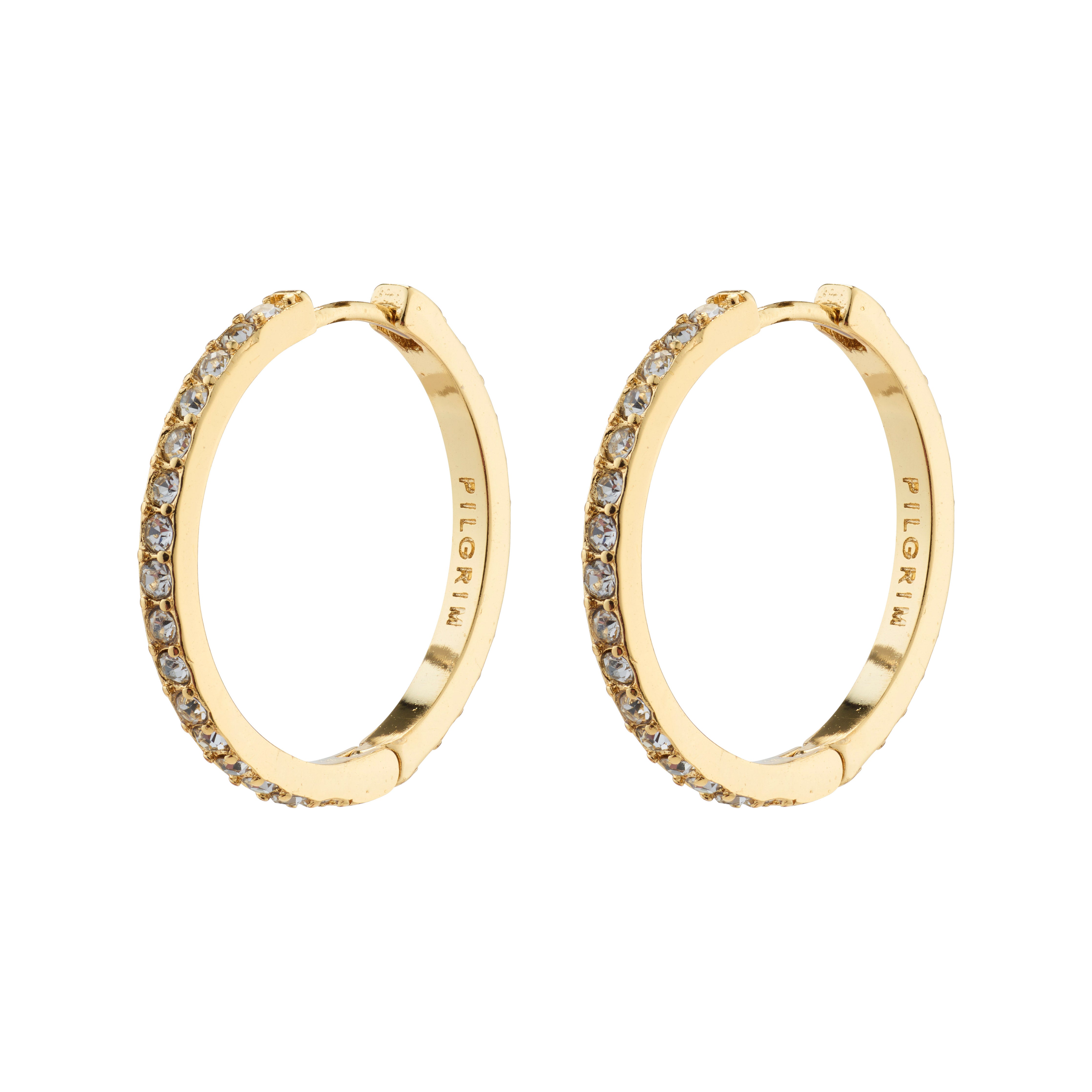 EBNA large crystal hoops, gold-plated, from Pilgrim, featuring shimmering crystals and a smart click lock for easy wear, perfect for adding sparkle to festive outfits.