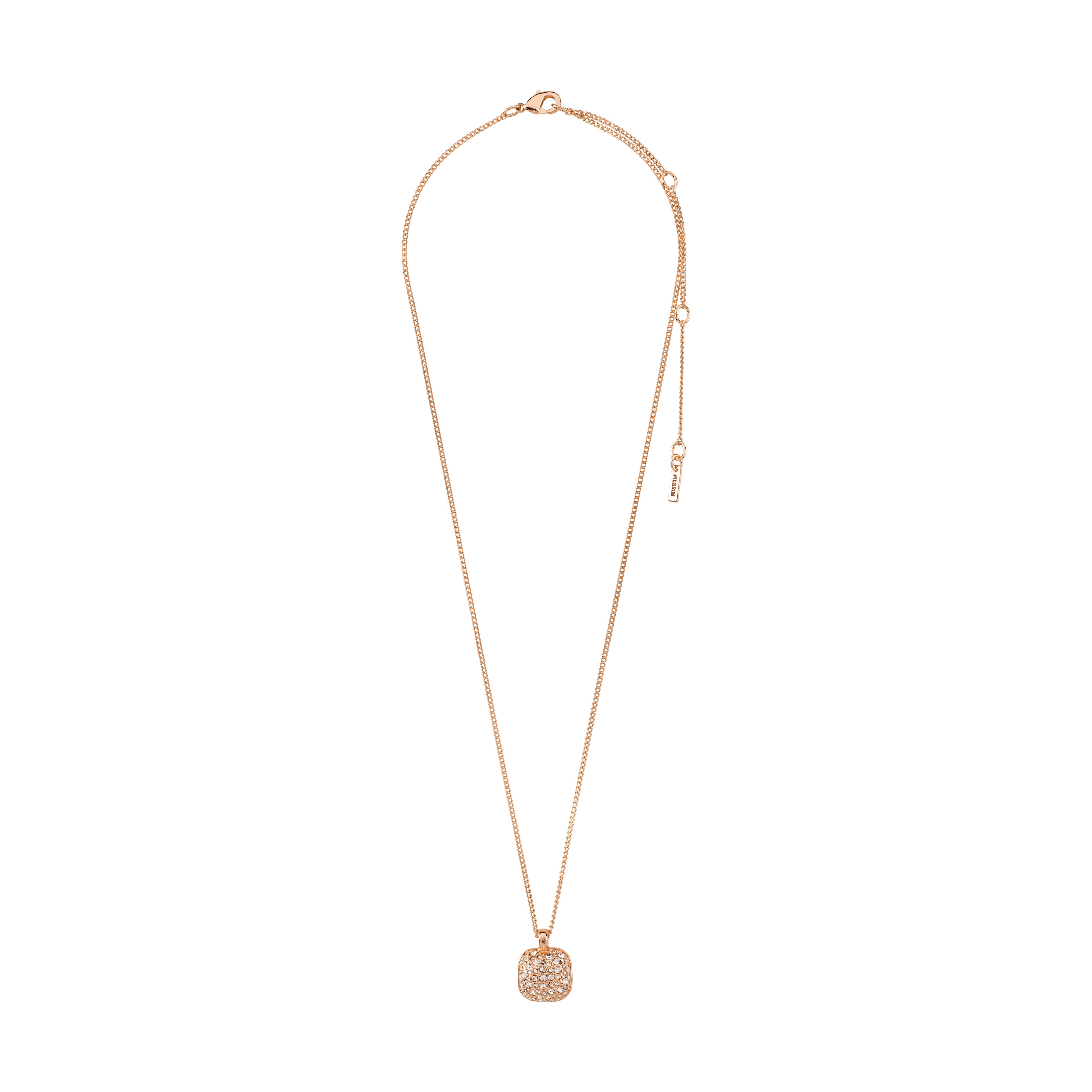 CINDY crystal pendant necklace in rose gold-plated finish, featuring a slim chain and a square-shaped, glittering crystal pendant from Pilgrim's eco-friendly collection.