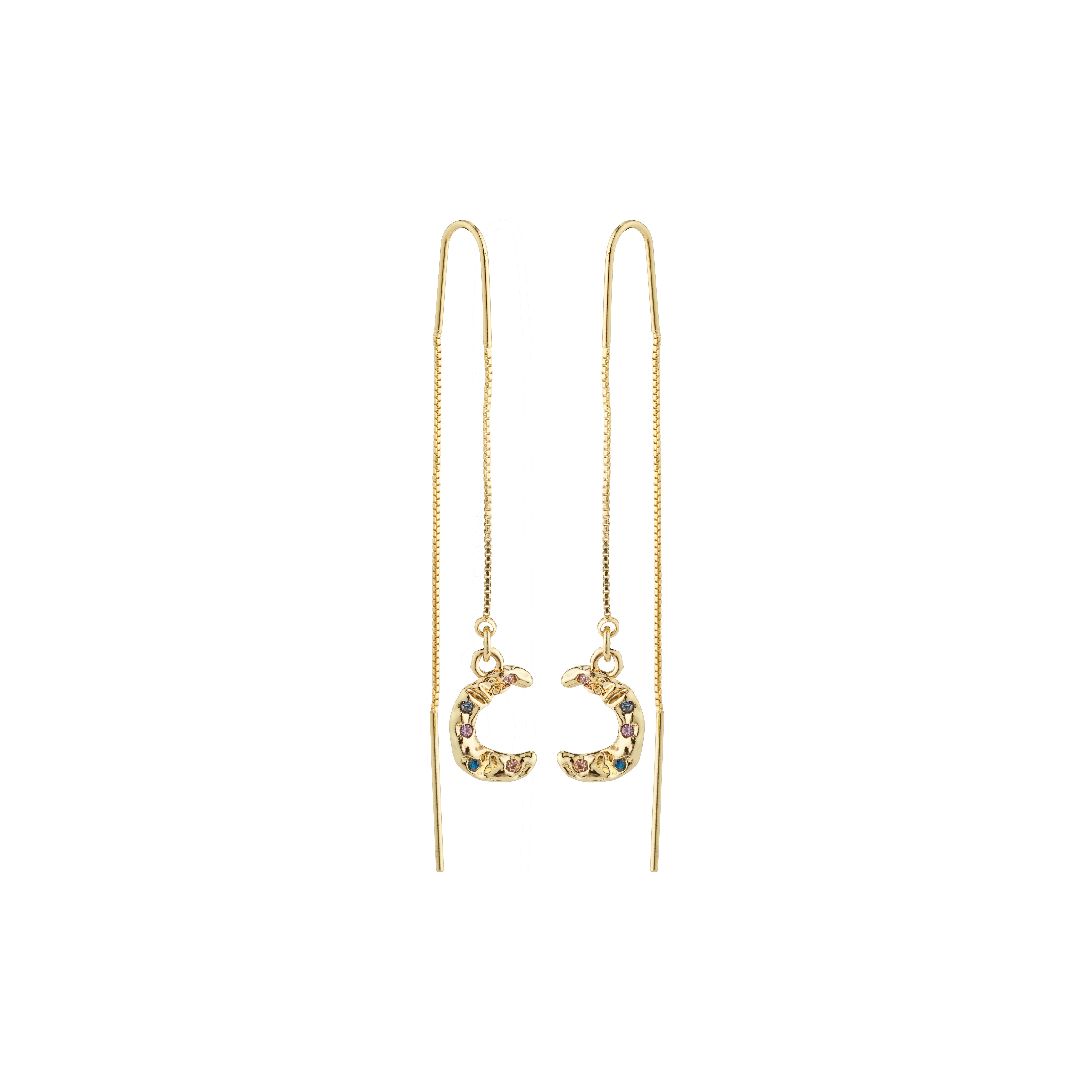 REMY chain earrings gold-plated featuring crescent moon pendants, crafted from 98% recycled material, offering a timeless and elegant look suitable for any occasion.