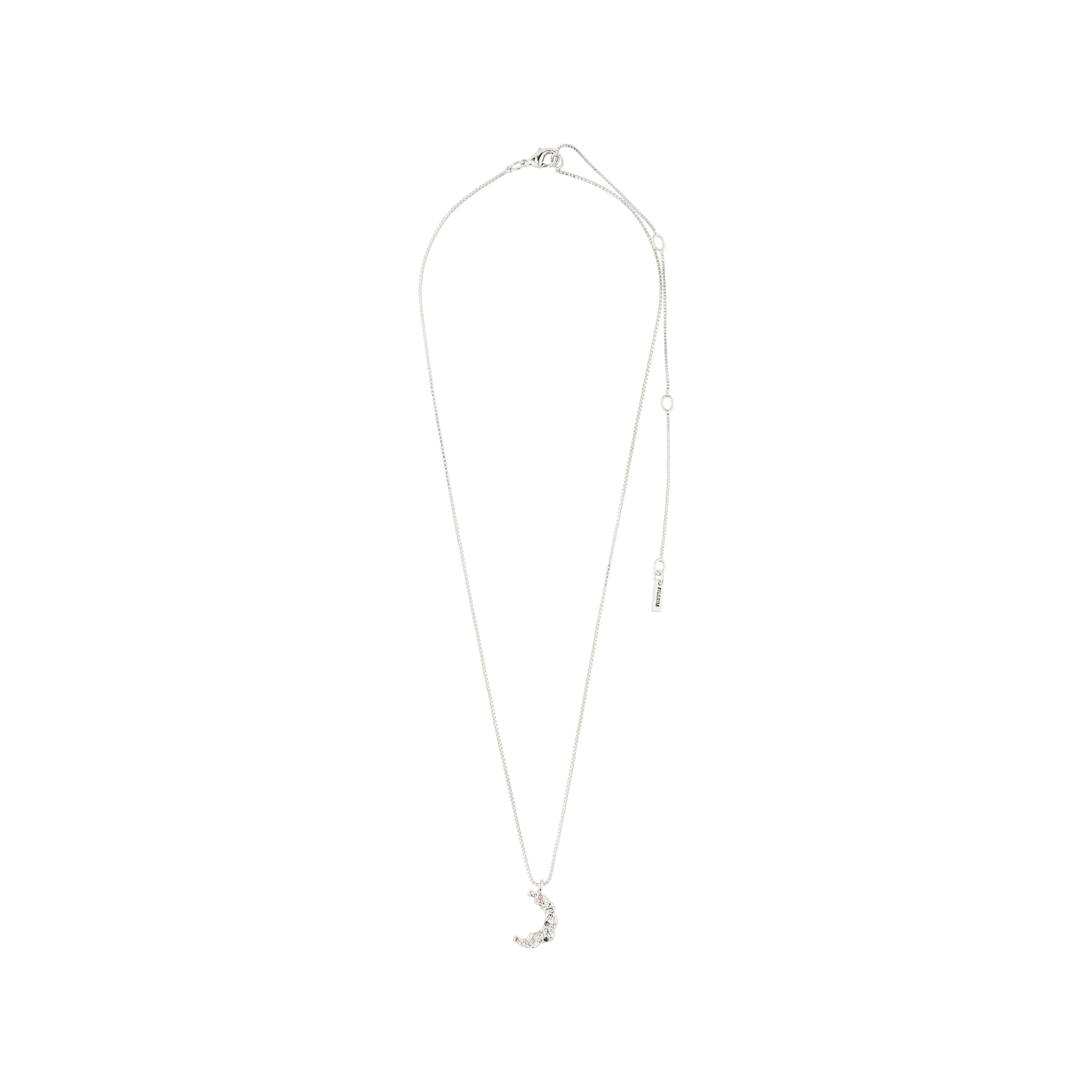 REMY silver-plated necklace featuring a crescent-moon pendant encrusted with multicolored stones, adjustable length with extender and eco-friendly design. Perfect for versatile styling.