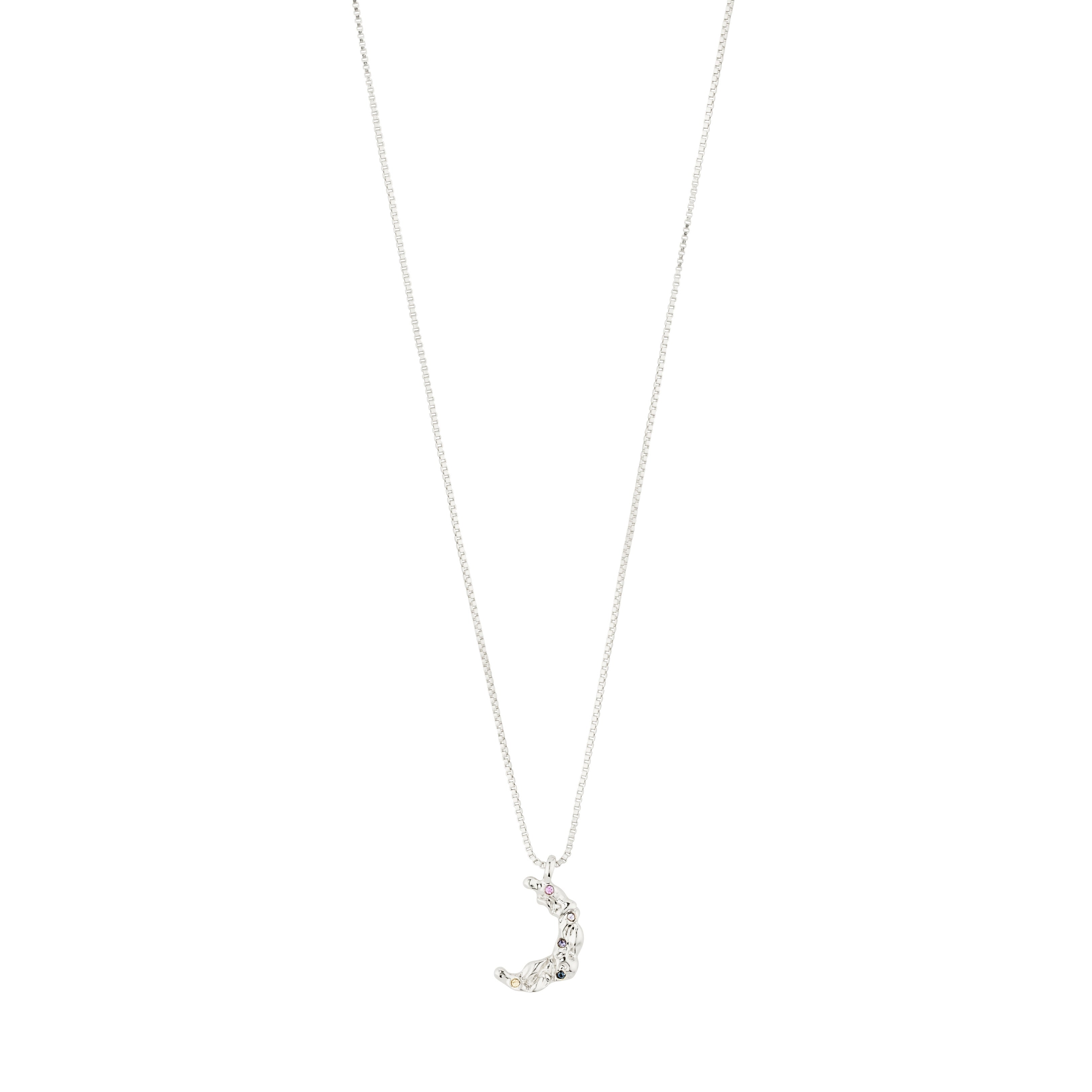 REMY necklace silver-plated features a crescent-shaped, textured pendant with multi-colored gemstones on a delicate chain, adjustable for versatile styling. Made with 75% recycled materials.