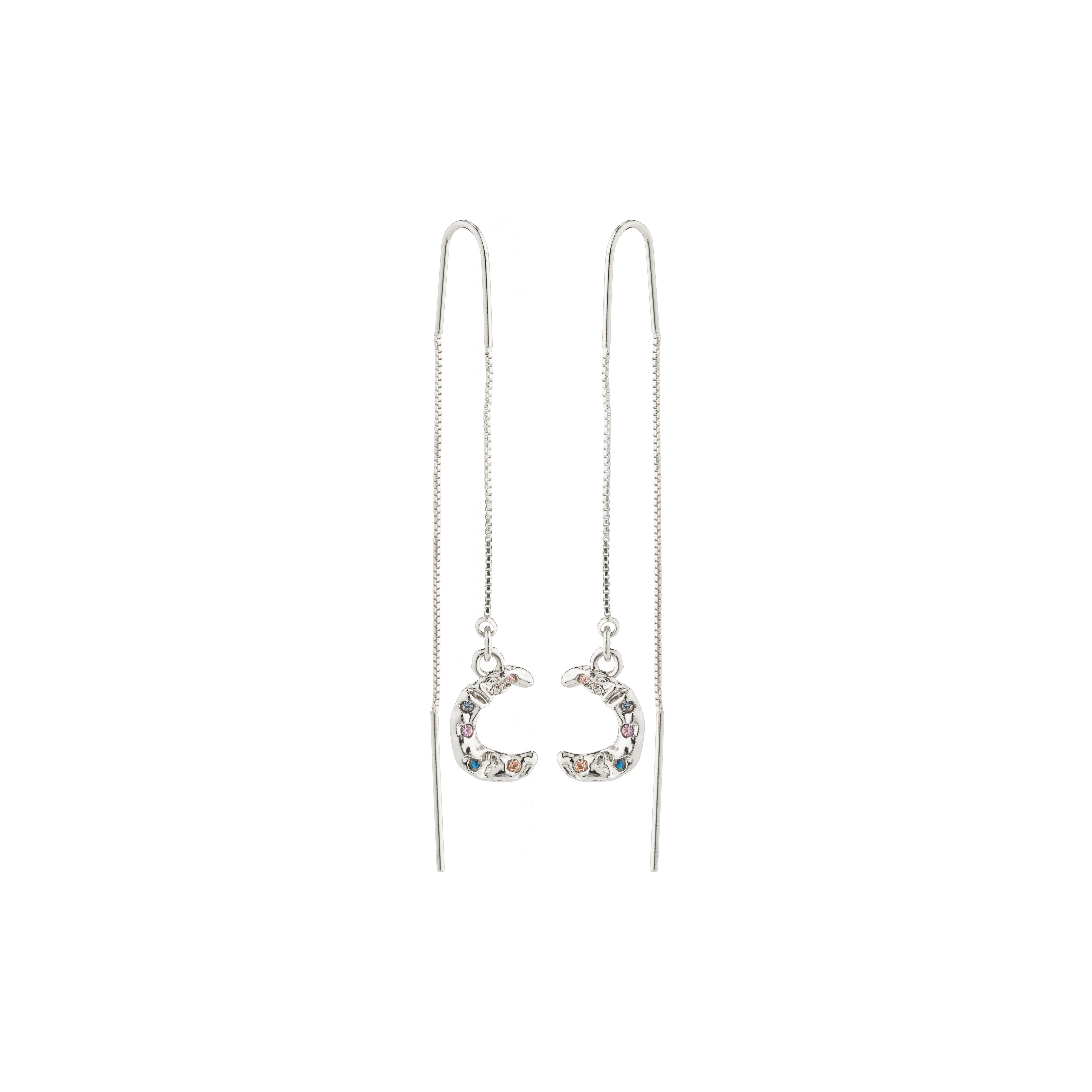 REMY chain earrings, silver-plated with half moon pendant, featuring an organic design. Made from 98% recycled material, ideal for versatile styling.