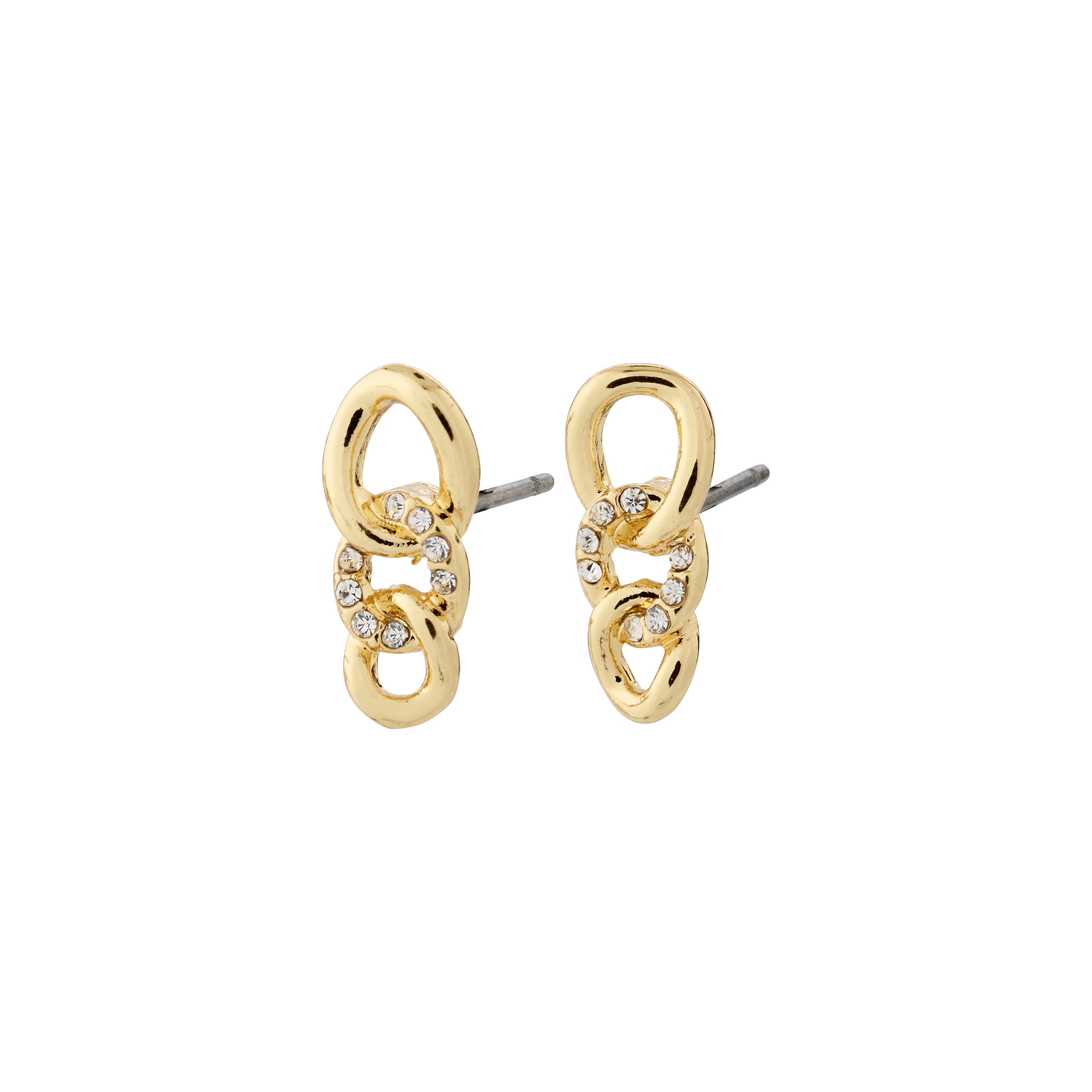 WRENLEY earrings gold-plated, featuring small flowing cable chains adorned with sparkling Preciosa crystals, offering classic elegance and versatility for any outfit.