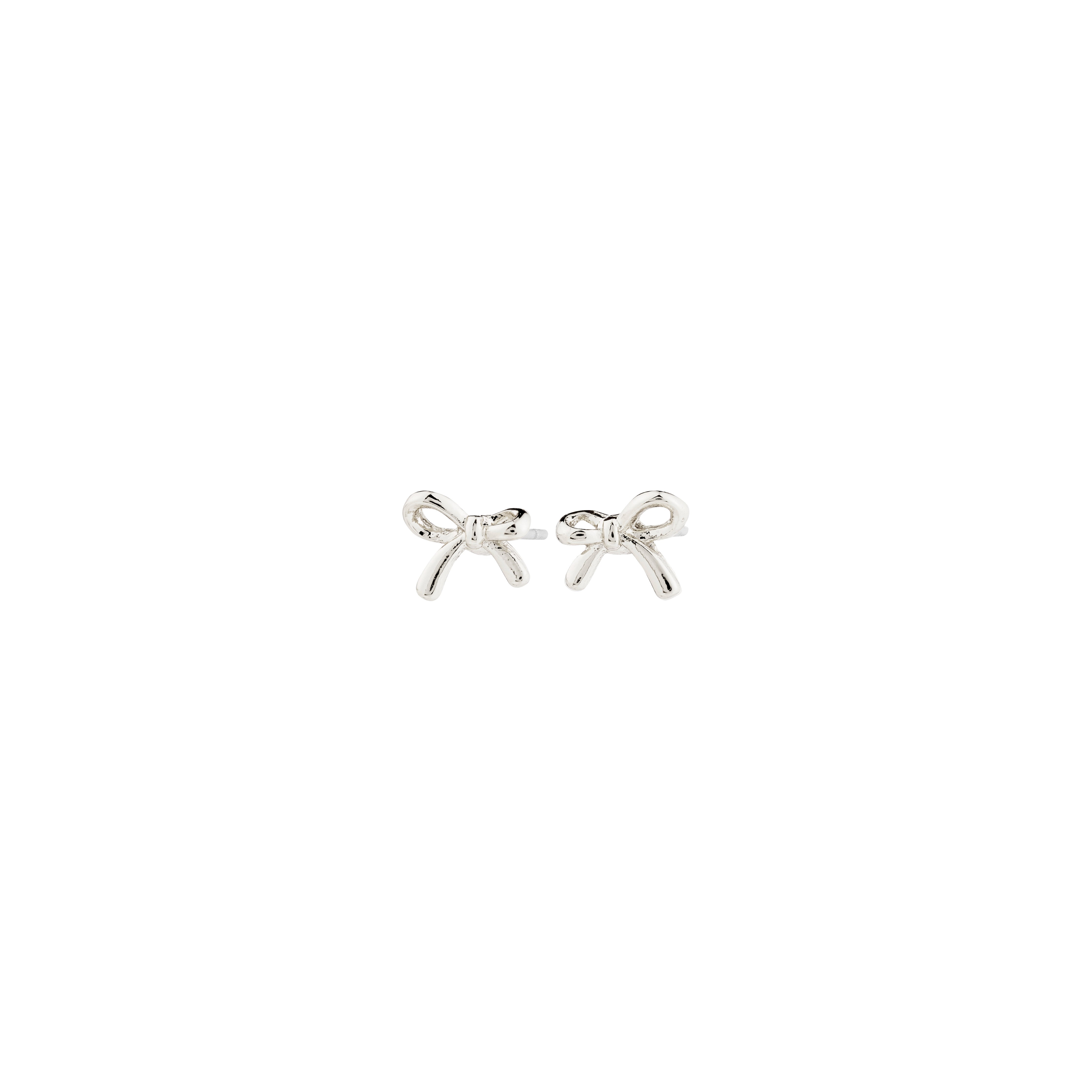 LYSANDRA earrings: silver-plated, bow-shaped micro studs made from 97% recycled materials, perfect for everyday wear and layering with other earrings.