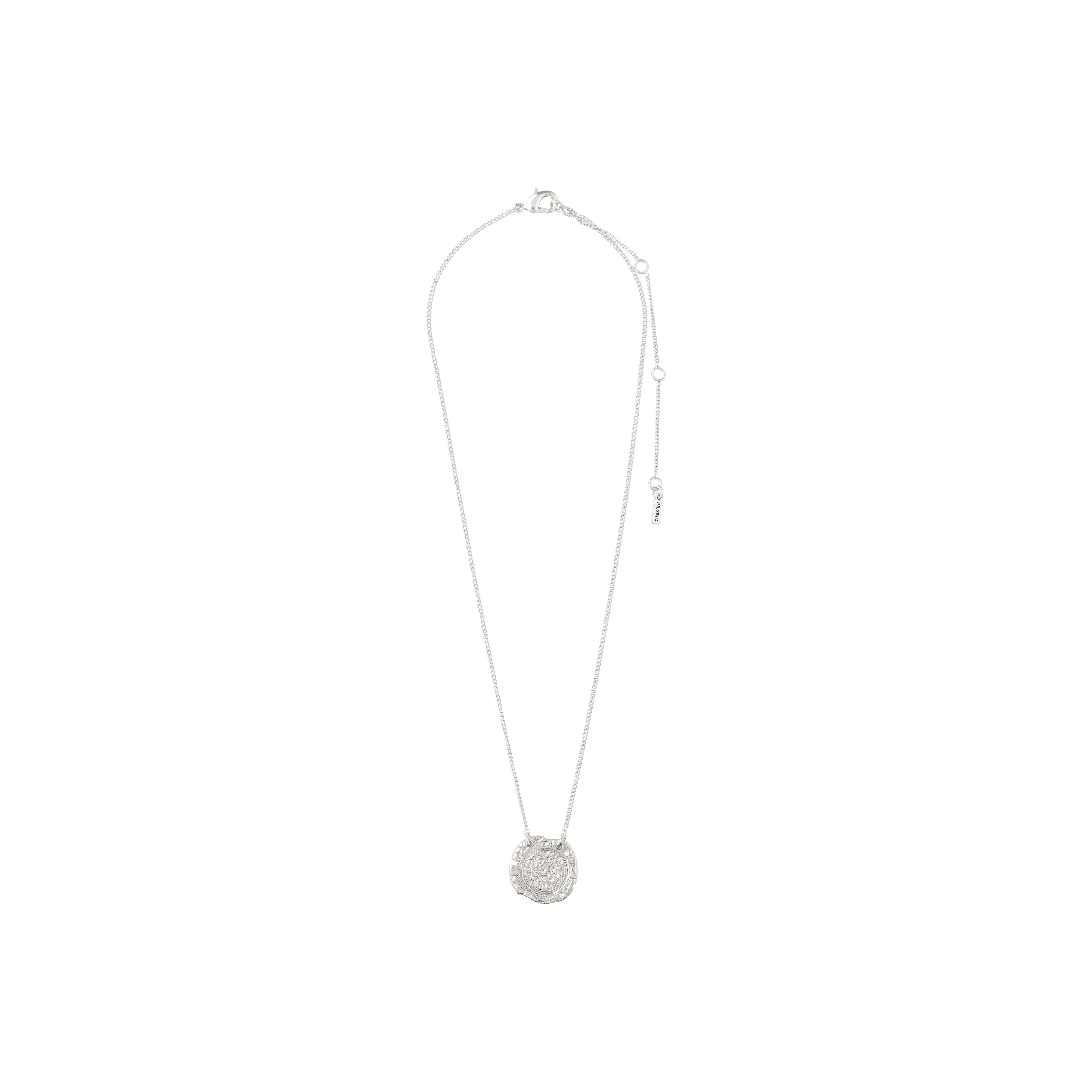 MARLEY necklace silver-plated features a fine chain and round pendant with textured engraving, inspired by antique amulets, offering a rustic yet modern look.