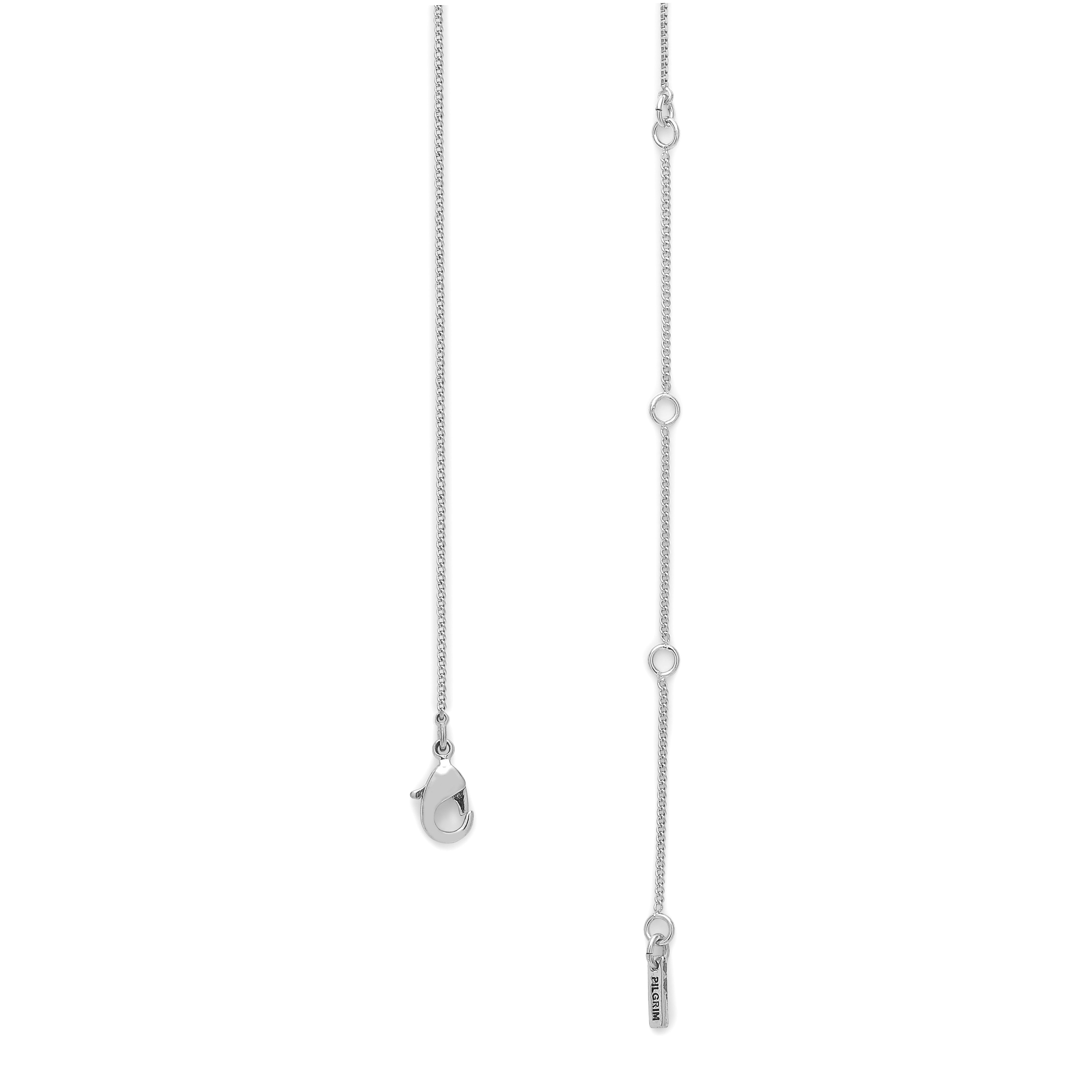 MARLEY necklace silver-plated with adjustable chain, lobster-claw clasp, and “PILGRIM” tag; embodies rustic amulet style with ancient-inspired decorative inscription for a unique, raw look.