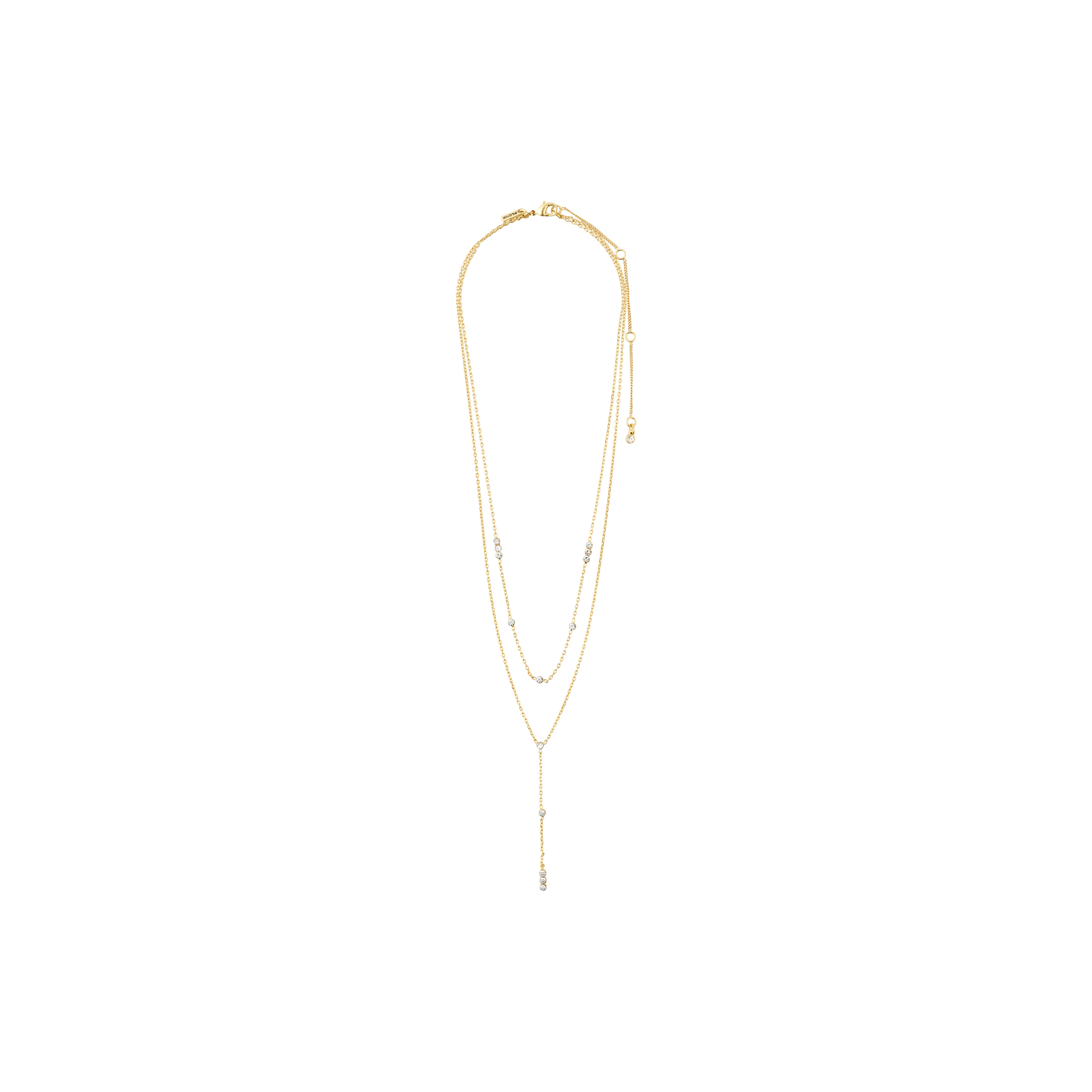KAMARI crystal chain necklace, gold-plated; features a slender design with small crystals, ideal for festive occasions. Perfect for trendsetters seeking Scandinavian quality and style.