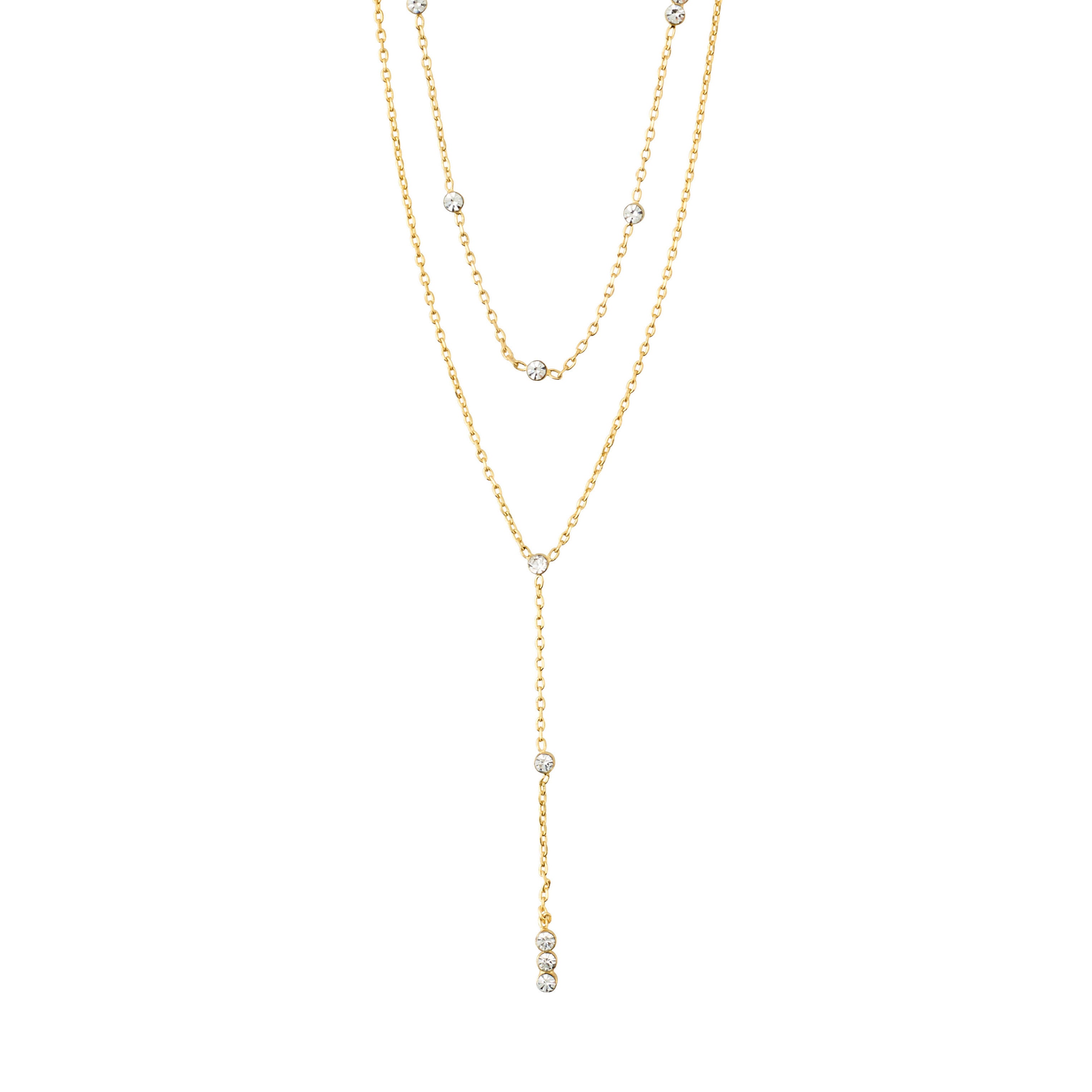 KAMARI crystal chain necklace, gold-plated, featuring a slender y-chain adorned with small crystals, ideal for adding exclusivity to festive outfits.