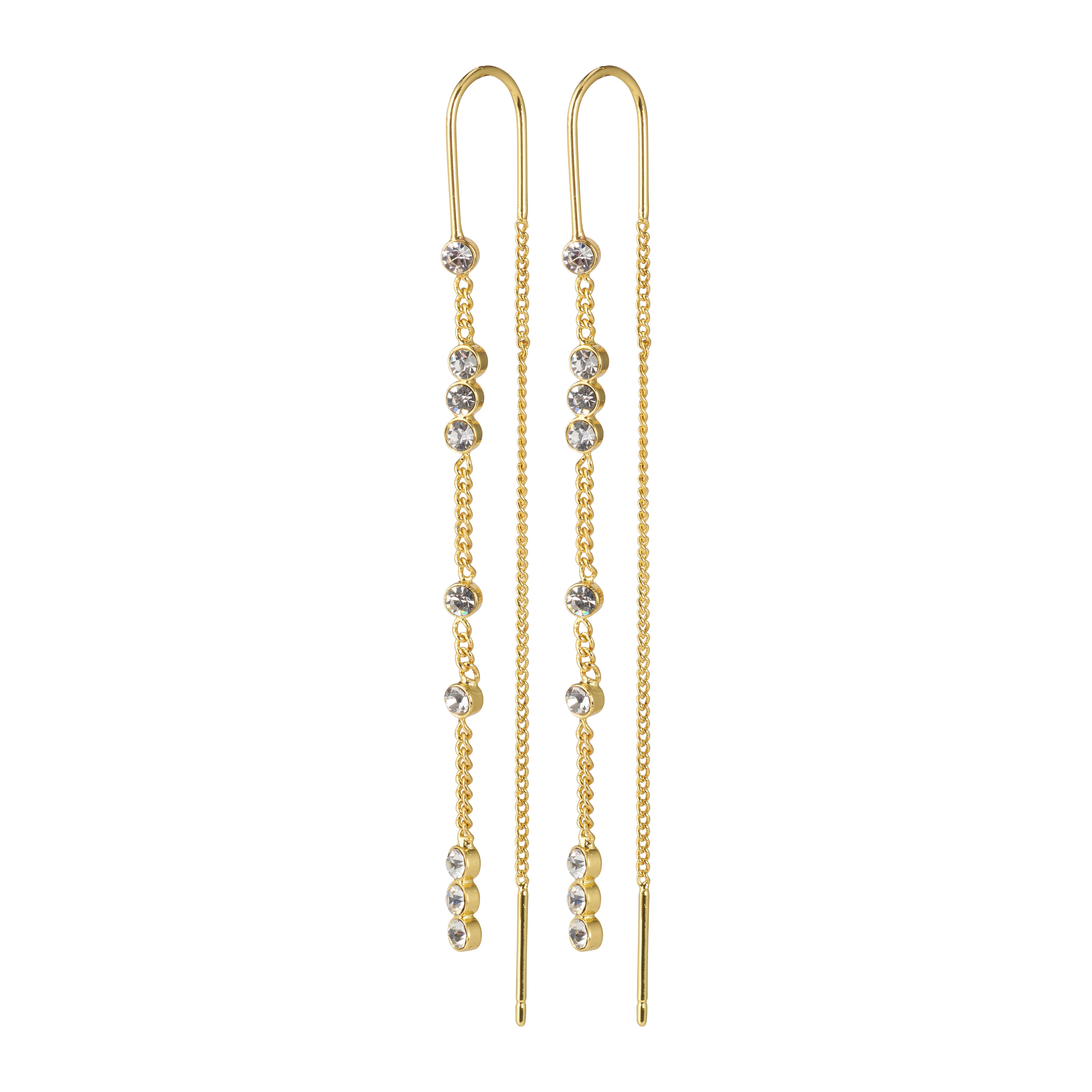 KAMARI crystal chain earrings, gold-plated, featuring elegant diamond accents, perfect for elevating special moments with a touch of Scandinavian style and sophistication.