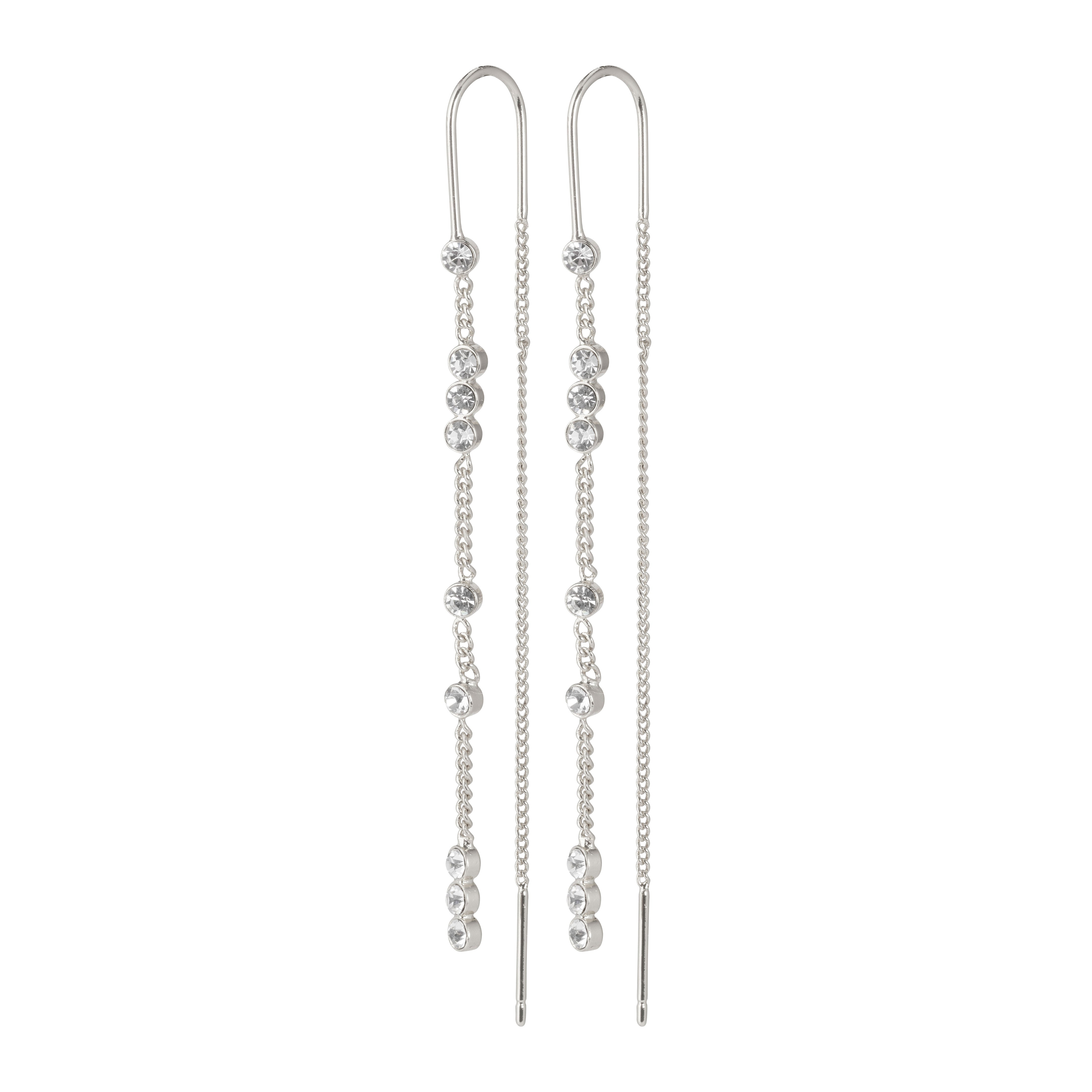 KAMARI crystal chain earrings, silver-plated, feature long silver chains adorned with shimmering diamonds, perfect for adding elegance to any special occasion.