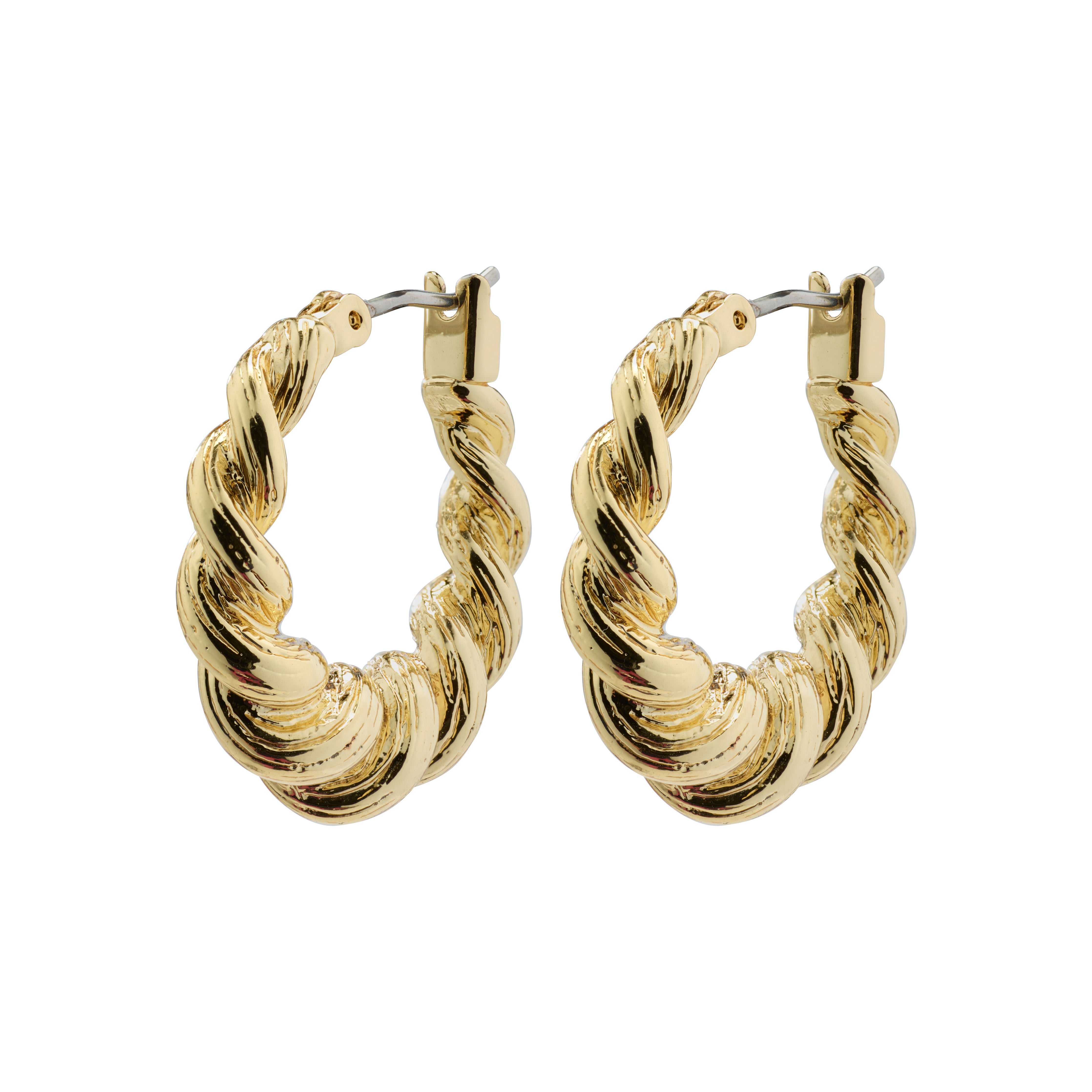 EILEEN twirl hoop earrings, gold-plated with twisted design, exude a boho style. Ideal for adventurous looks inspired by waves. Perfect for Pilgrim's trendsetting audience.