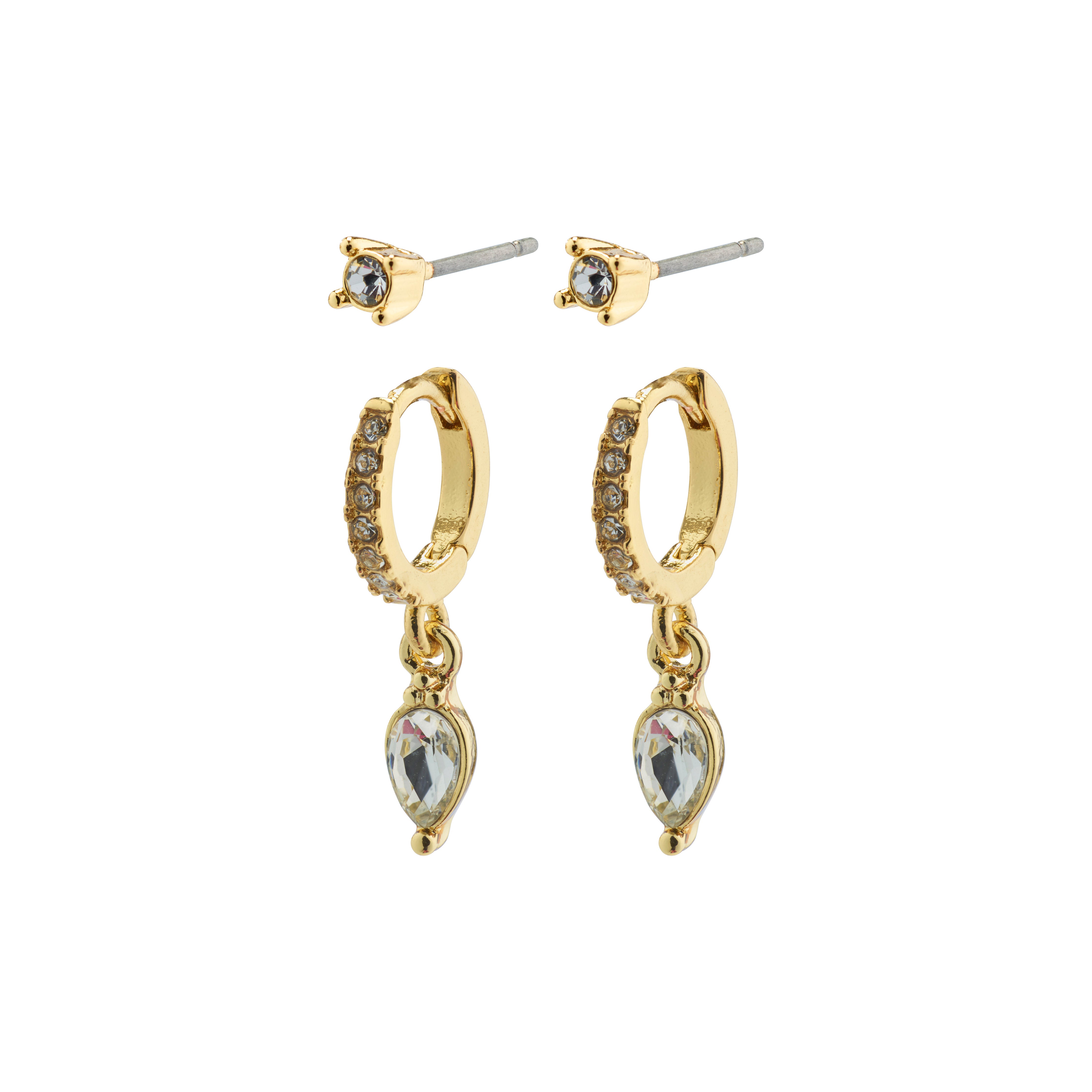 ELZA crystal earrings 2-in-1 set gold-plated featuring small ear studs and huggie hoops adorned with Preciosa crystals and teardrop pendants.