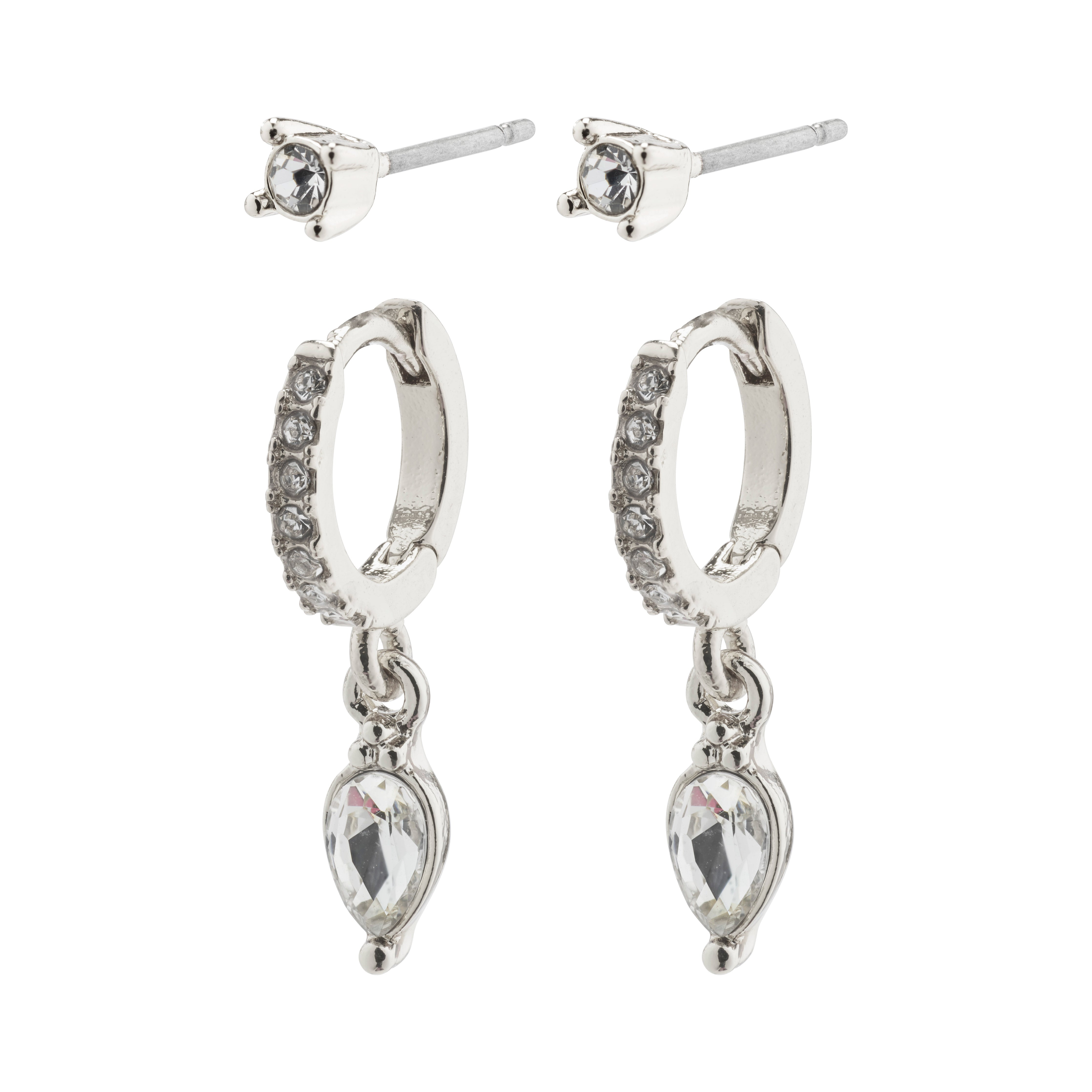 ELZA crystal earrings 2-in-1 set silver-plated featuring small ear studs and huggie hoops with Preciosa crystals and teardrop pendants, offering a chic, glamorous look.