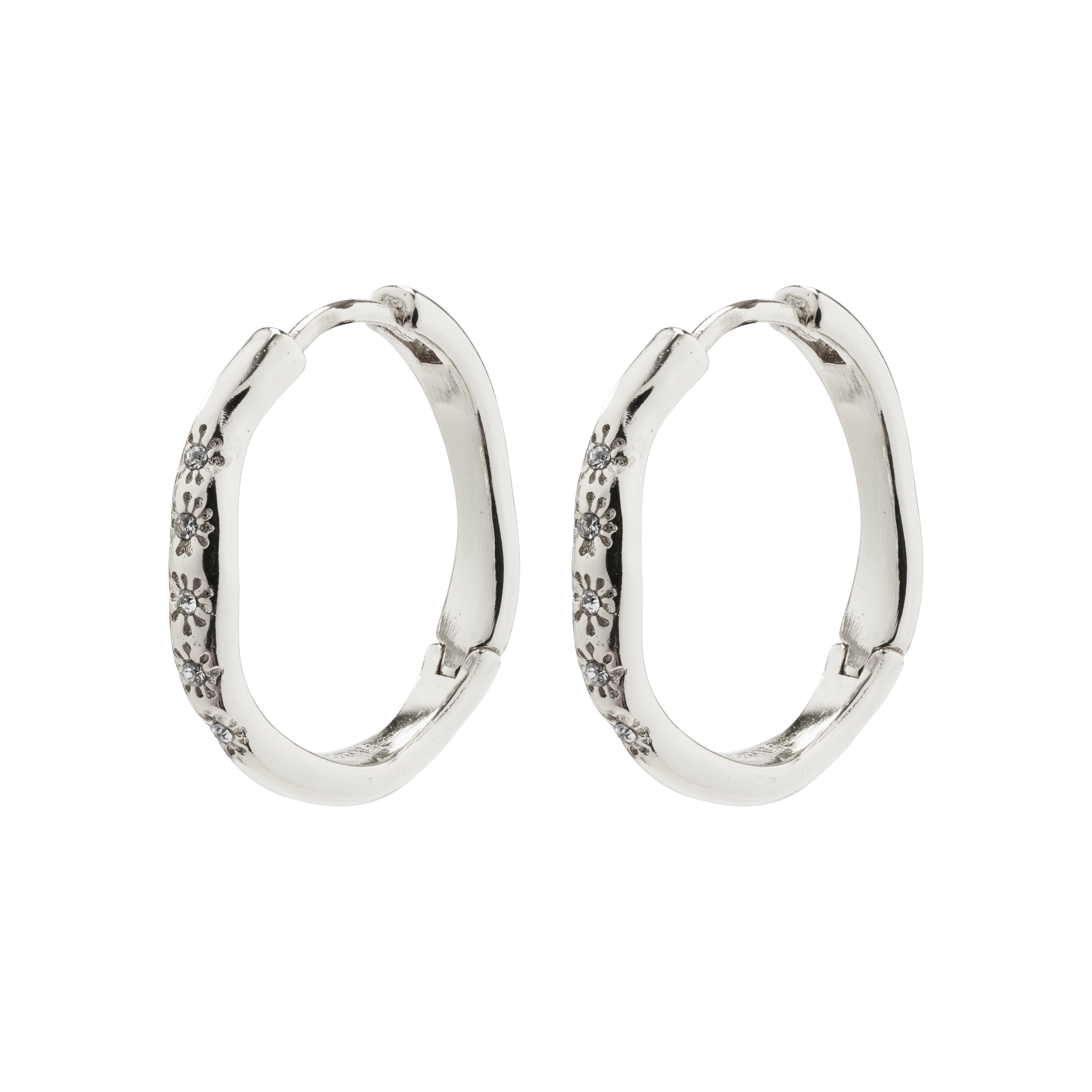 EDURNE crystal hoop earrings, silver-plated with organic silhouette and engraved floral designs, adorned with Preciosa crystals, embodying natural elegance from Pilgrim.