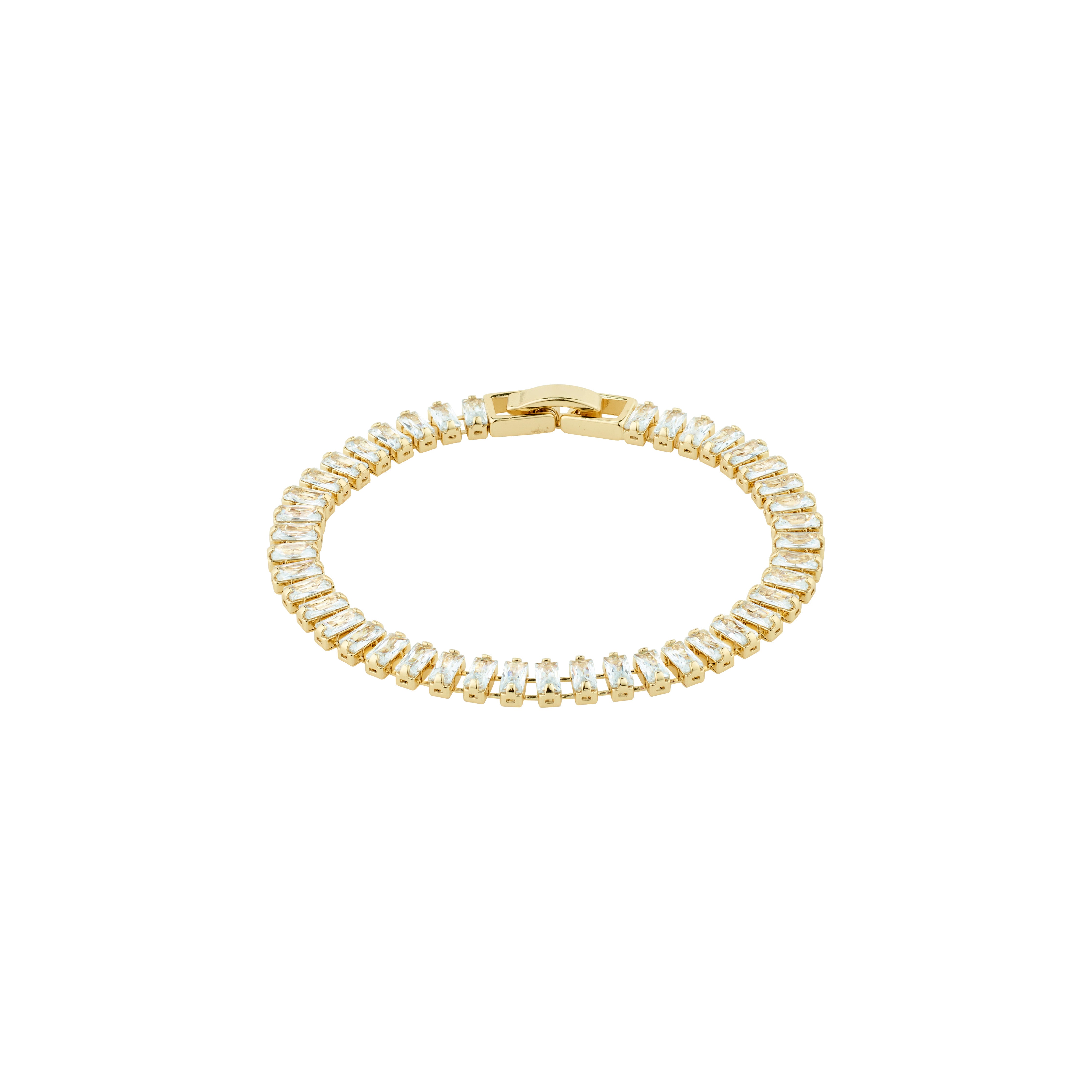 RUE bracelet gold-plated, featuring baguette crystals and elongated zirconia, perfect for a glamorous, sophisticated look. Ideal for special occasions or a luxe night out.