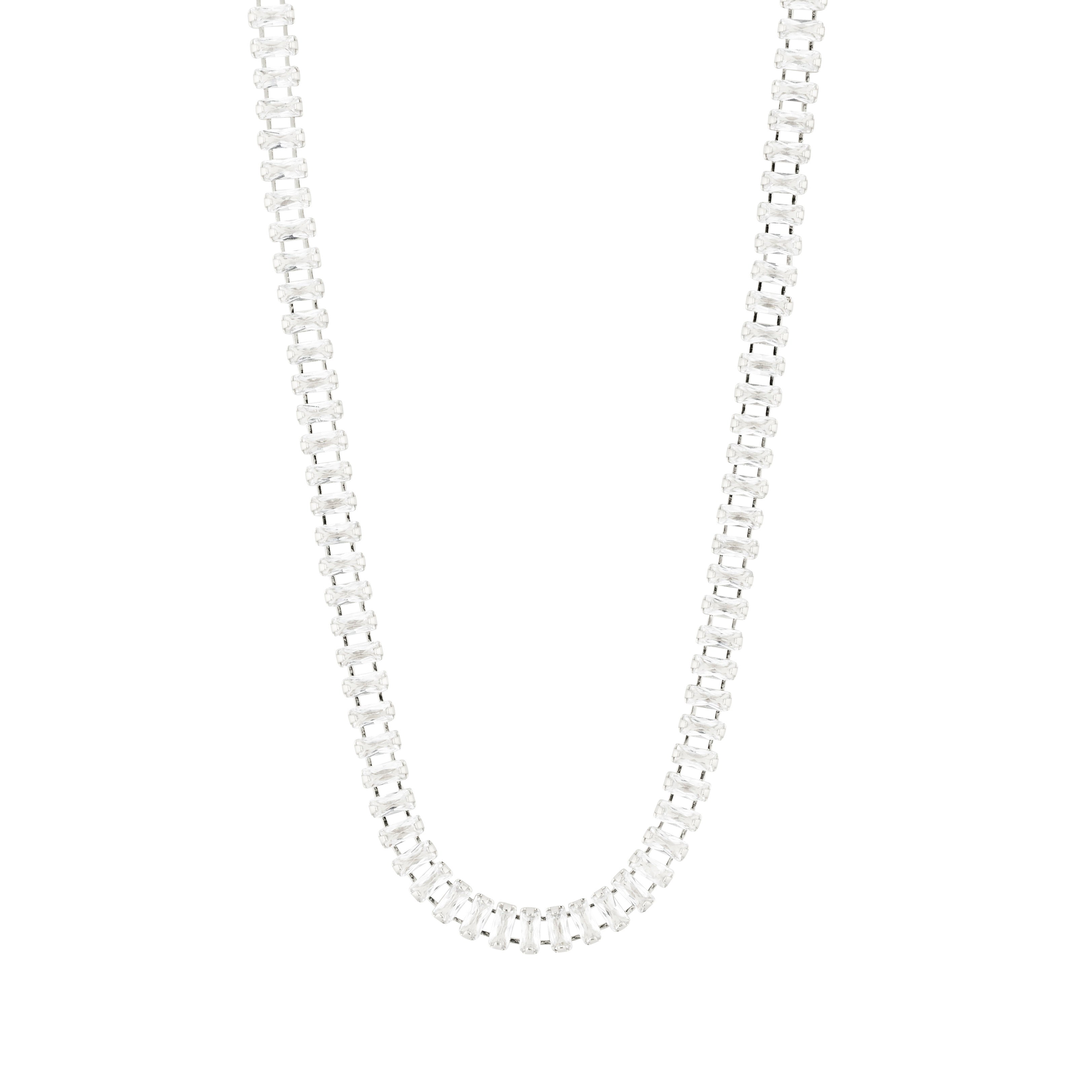 Silver-plated RUE necklace on a white background, featuring an adjustable 38 cm chain with a 9 cm extension for versatile styling. Ideal for special occasions.