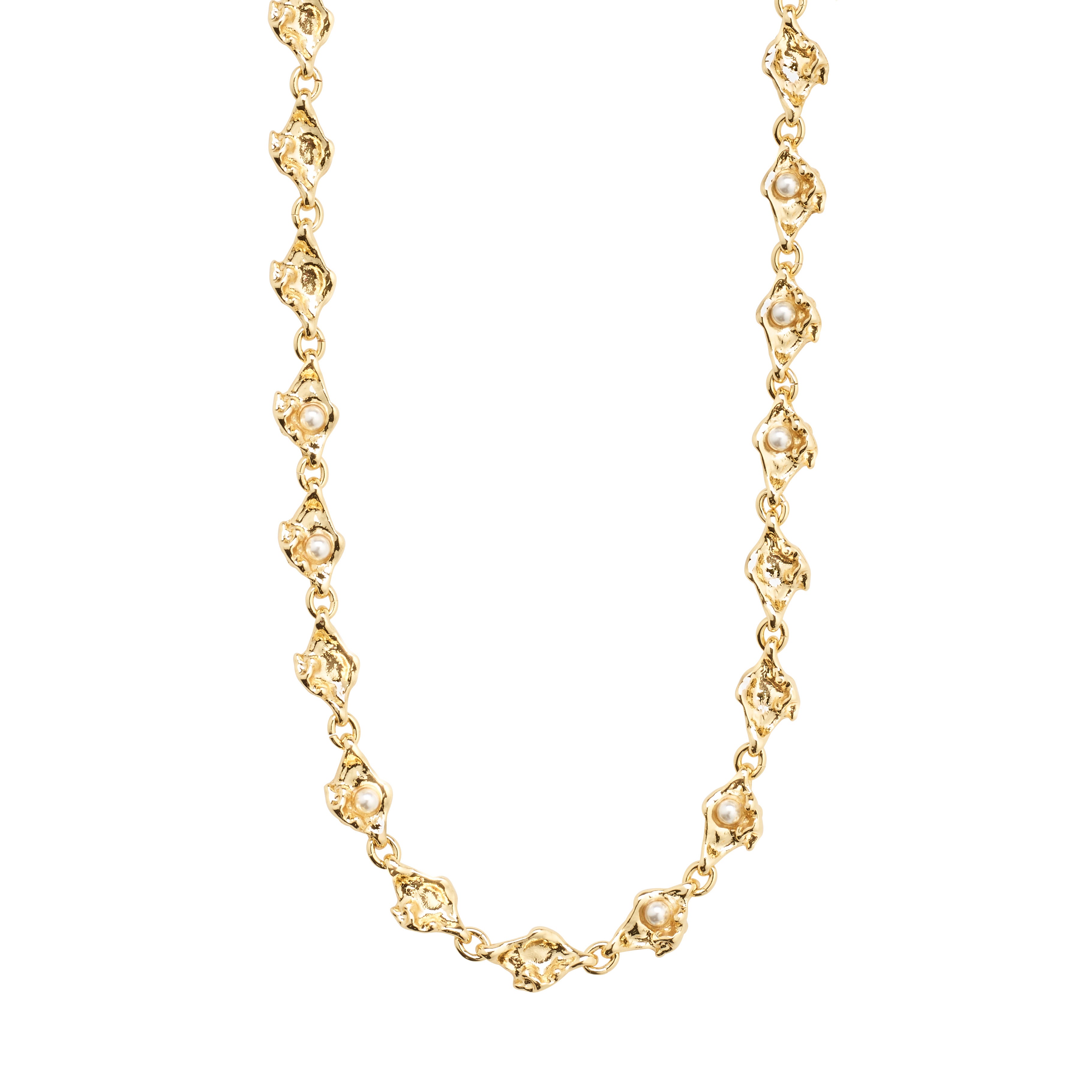 INAYA necklace gold-plated with small gold links and white glass beads, inspired by sea elements, customizable length, crafted with 98% recycled materials.