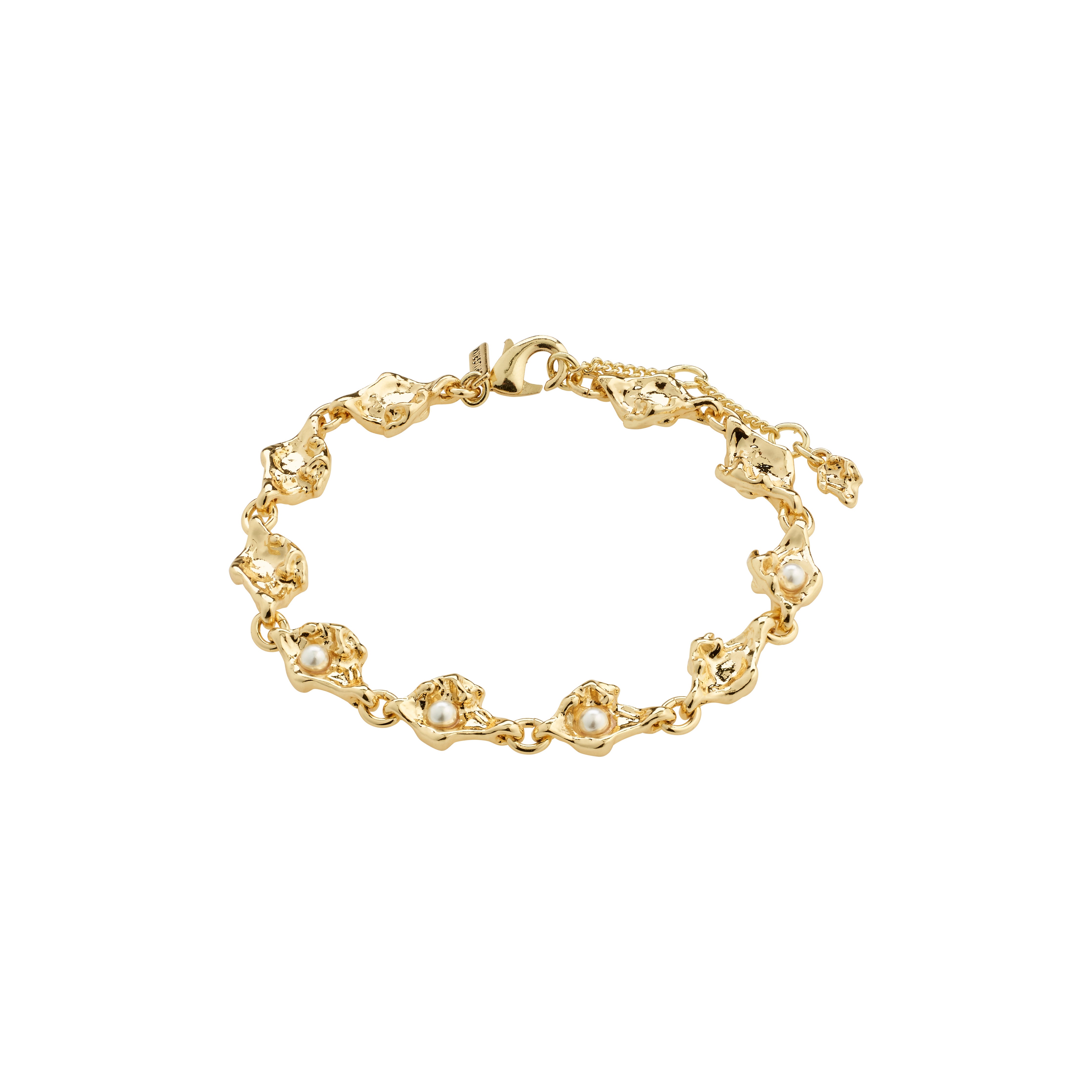 INAYA bracelet: Gold-plated with organically shaped links and white glass beads, inspired by sea wonders. Made with 98% recycled materials.