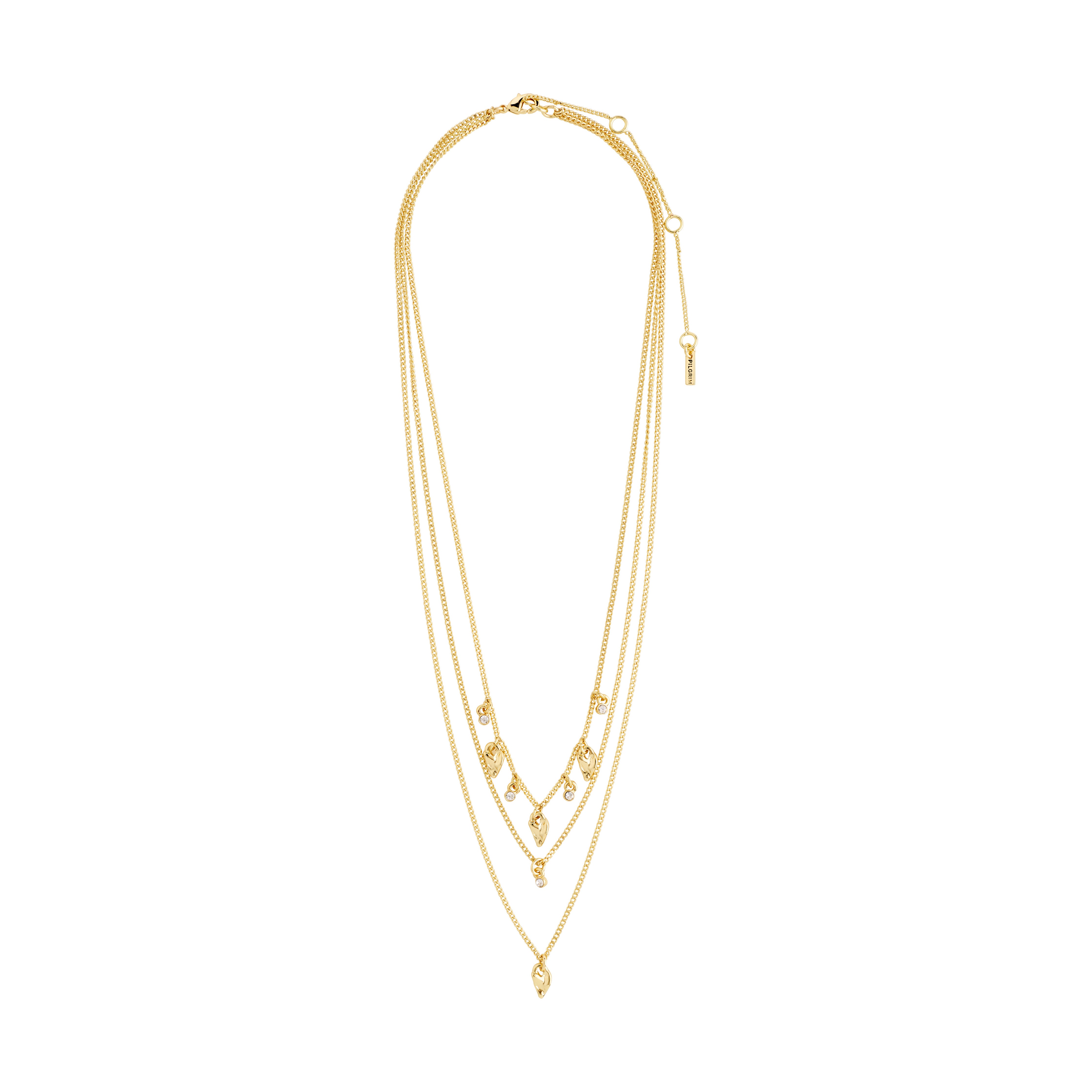 JULES necklace gold-plated by Pilgrim, featuring layered delicate chains with Preciosa crystals and heart pendants, offering a chic, bohemian vibe.
