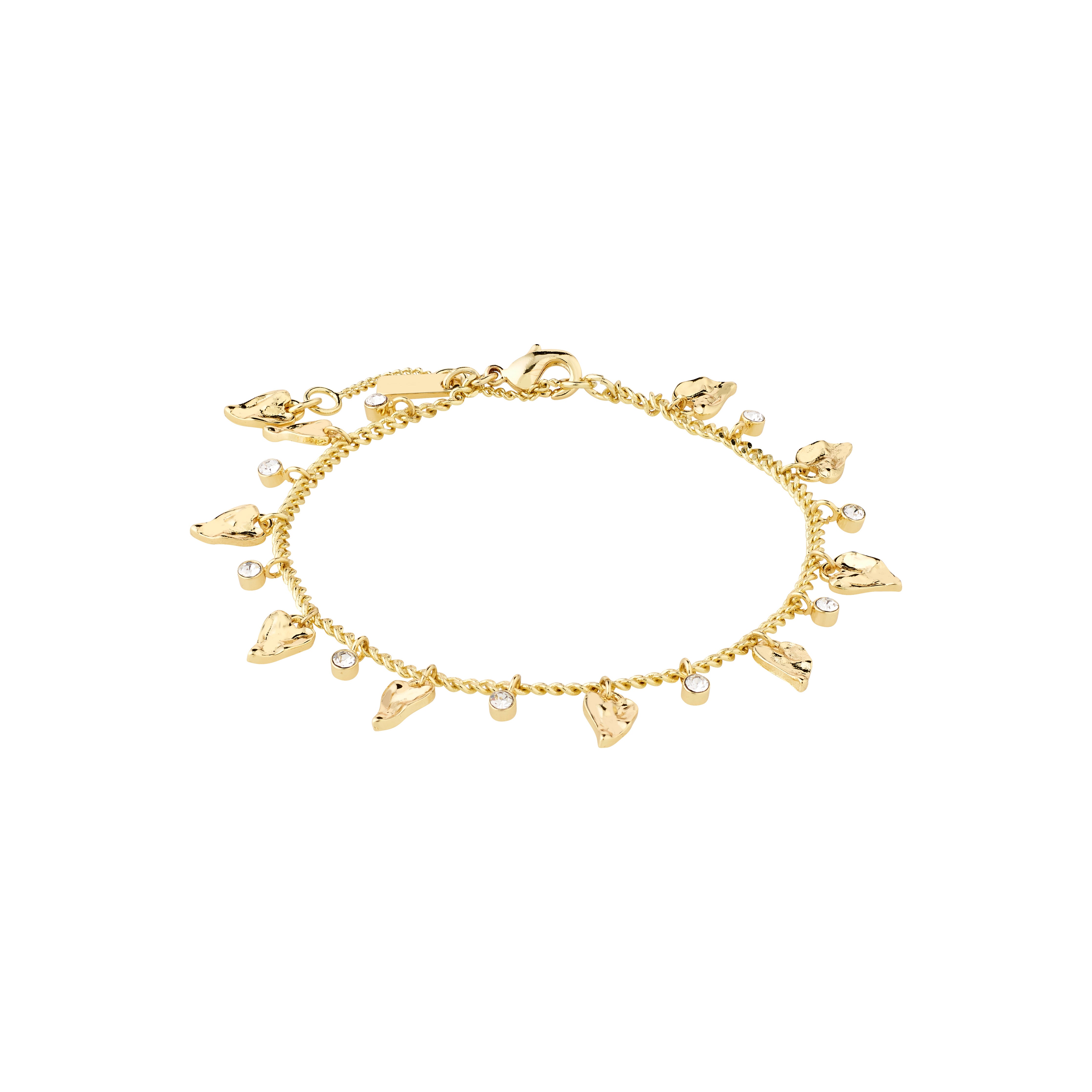 JULES bracelet gold-plated, featuring delicate curb chain with Preciosa crystals and organic heart pendants, offering a summery bohemian vibe.