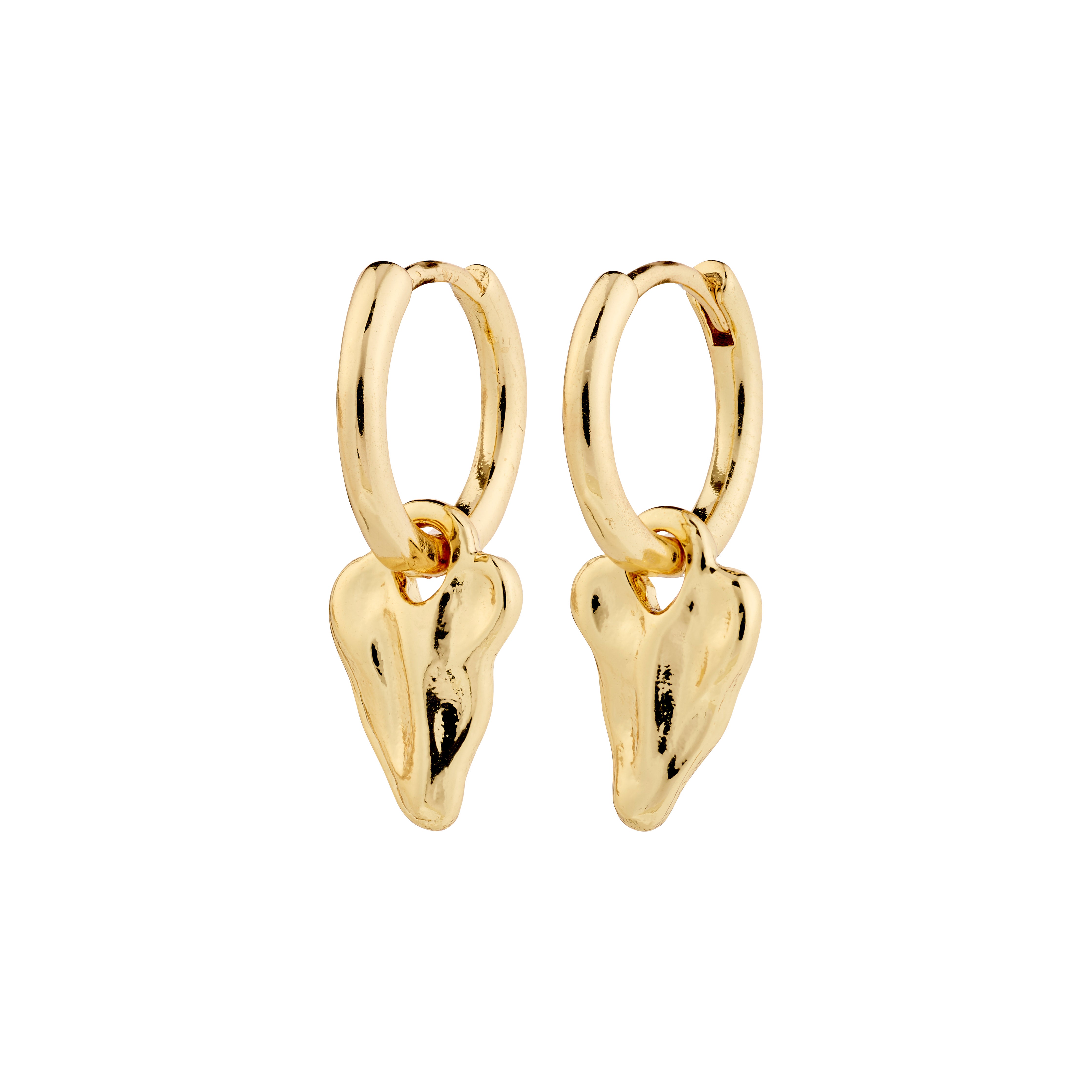 JULES gold-plated earrings with a small heart pendant, featuring an organic design and easy click clasp, made from 99% recycled material.
