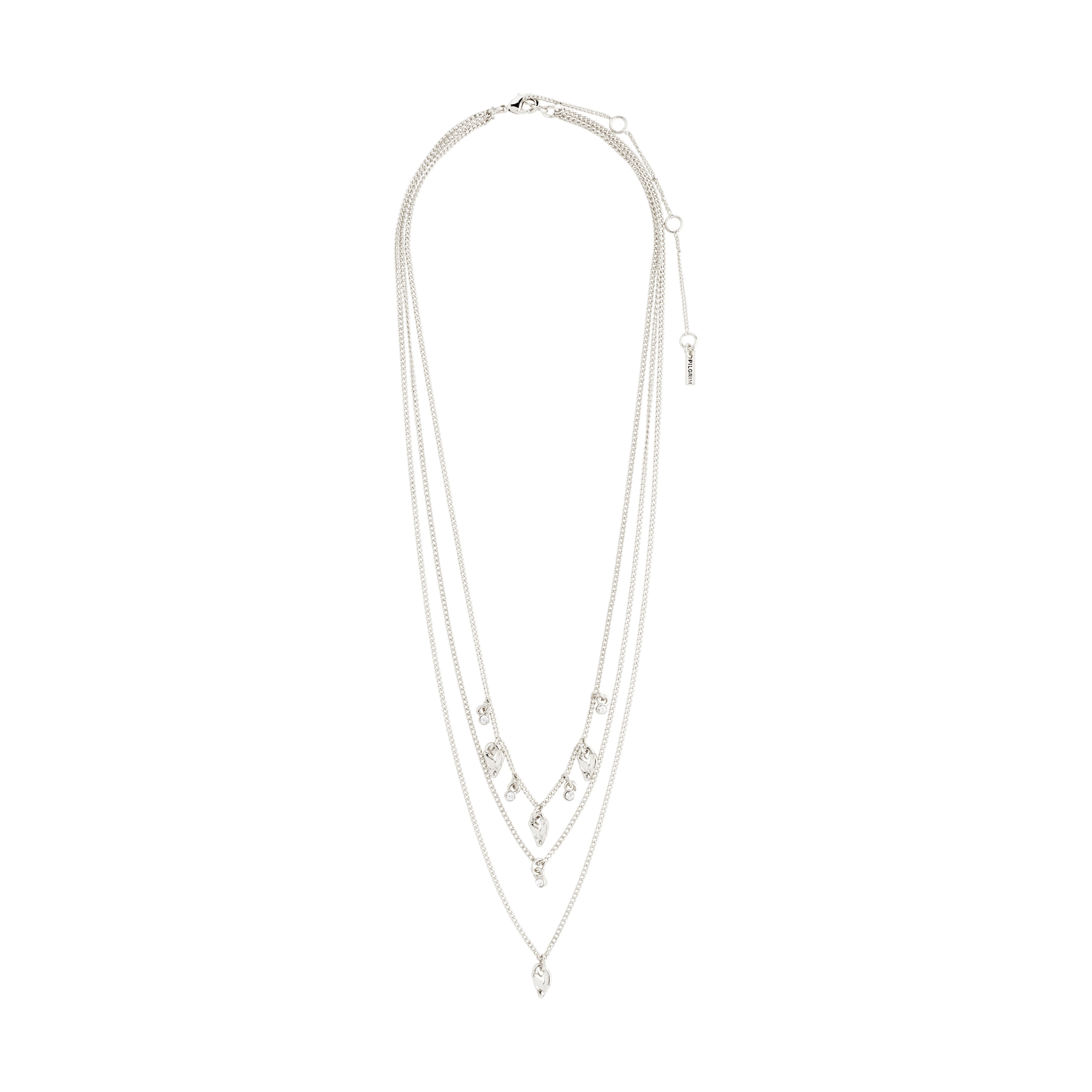 JULES necklace silver-plated with layered chains, heart pendants, and Preciosa crystals, offering a summery bohemian vibe from Pilgrim's Classic collection.