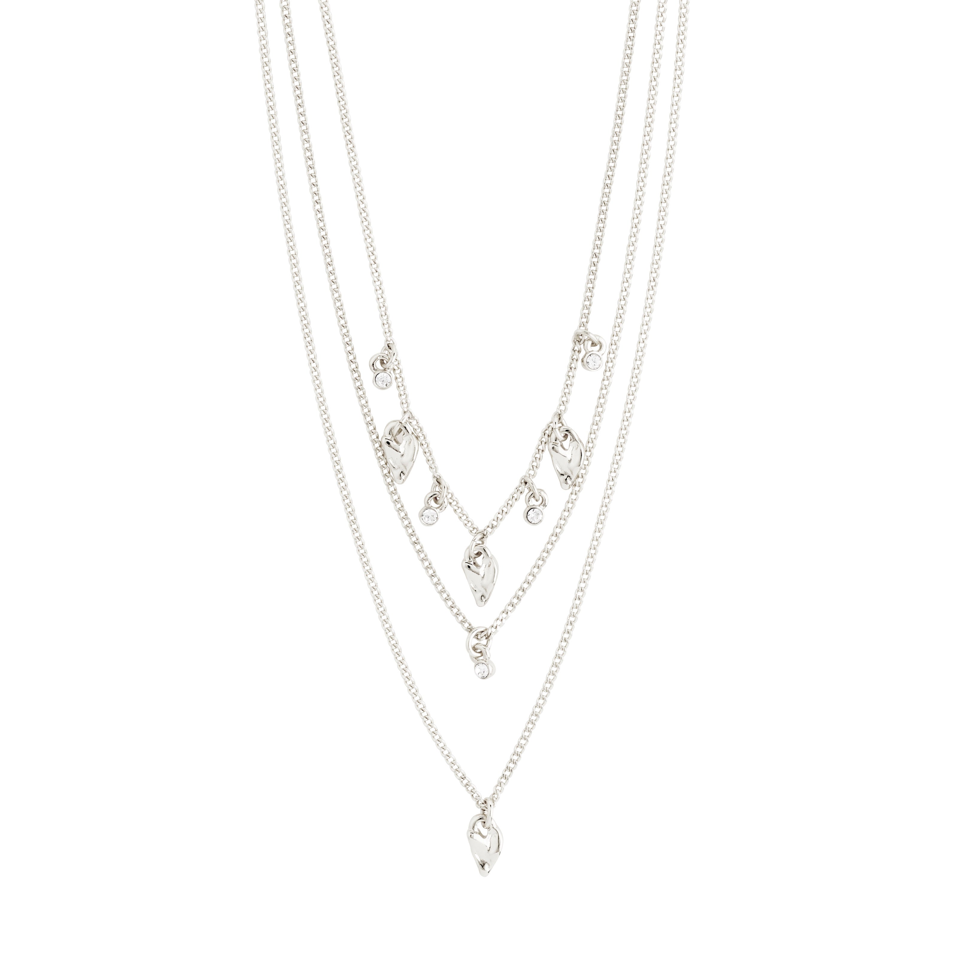 JULES necklace silver-plated with layered chains, adorned with Preciosa crystals and heart pendants, offering a summery bohemian vibe from Pilgrim's Classic collection.