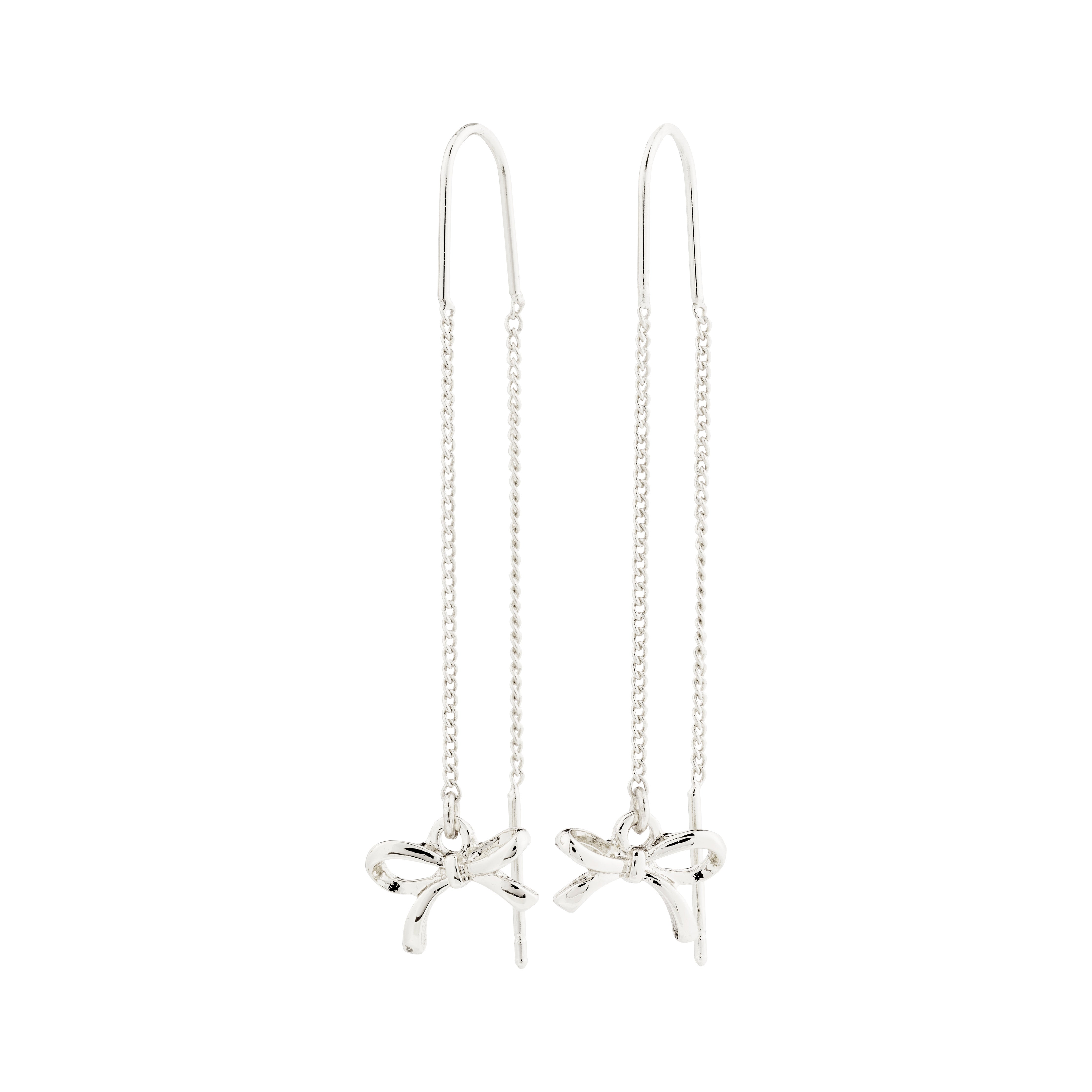 LYSANDRA chain earrings, silver-plated, featuring small silver bow pendants. Perfect for adding a romantic or edgy touch to any outfit.
