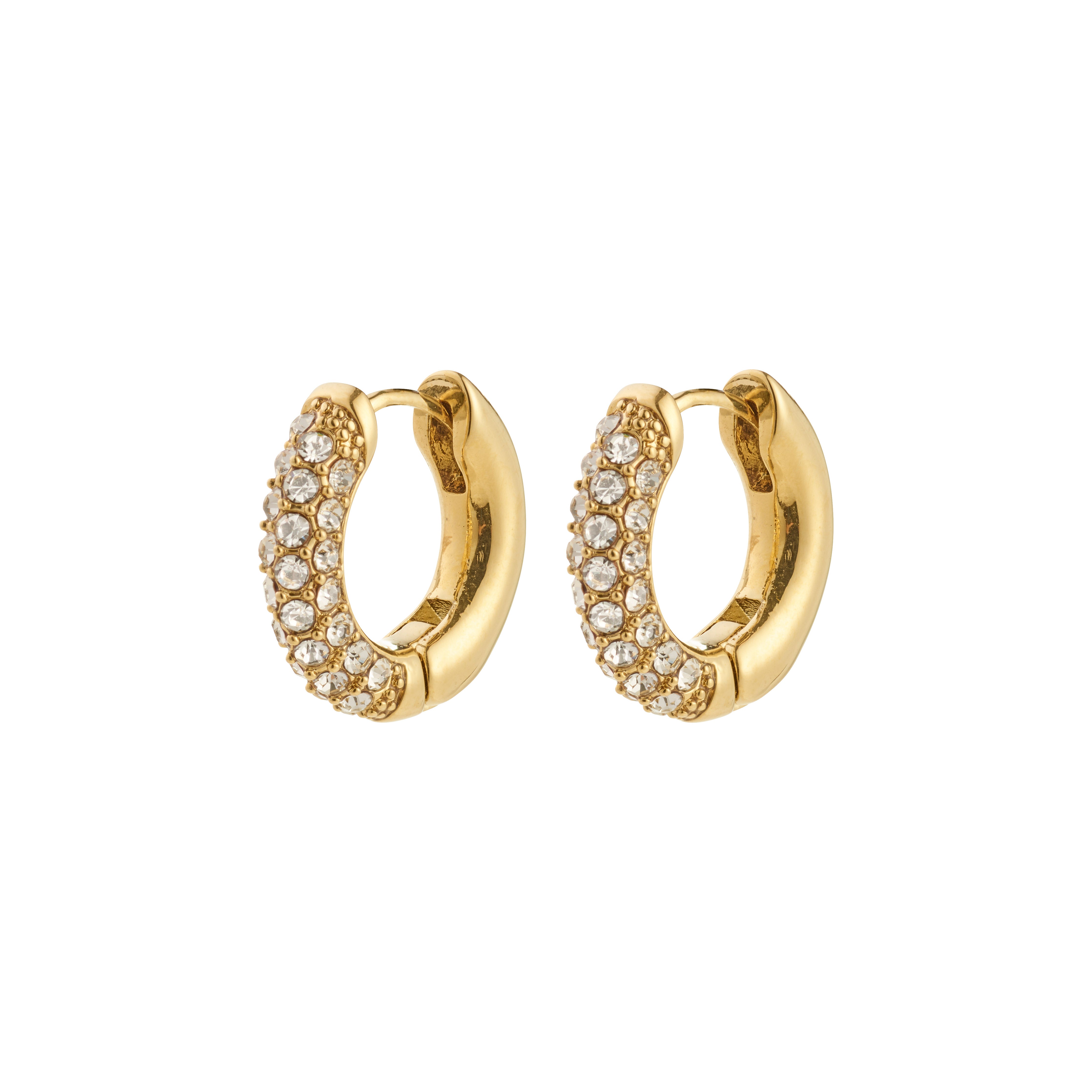 TATUM small hoops gold-plated, adorned with sparkling Preciosa crystals, perfect for day-to-night wear. Features easy snap locks and eco-friendly, recycled materials.