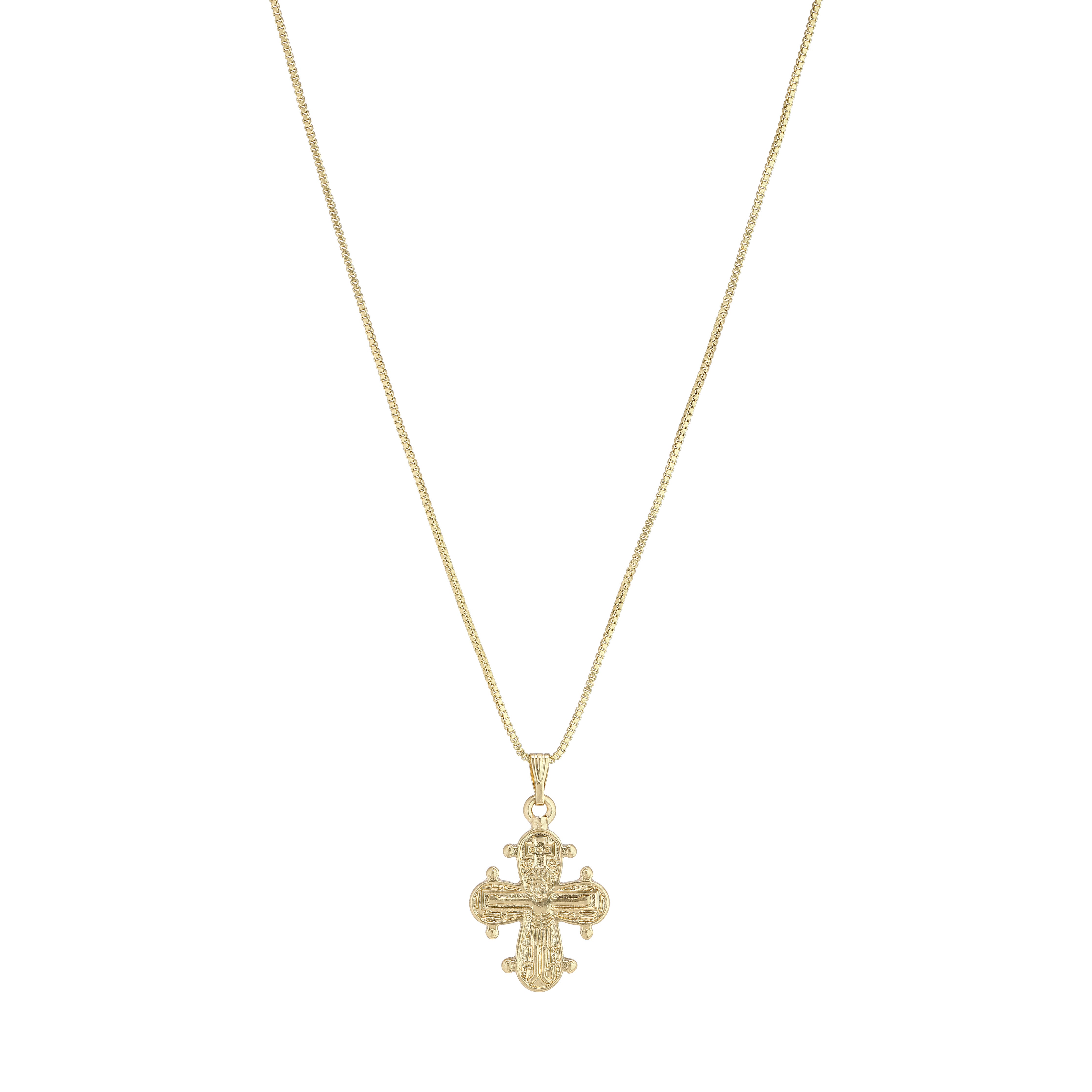 Gold-plated DAGMAR pendant necklace featuring a classic cross design, inspired by Denmark's national treasure, on a gold chain with extender. Ideal for layering.