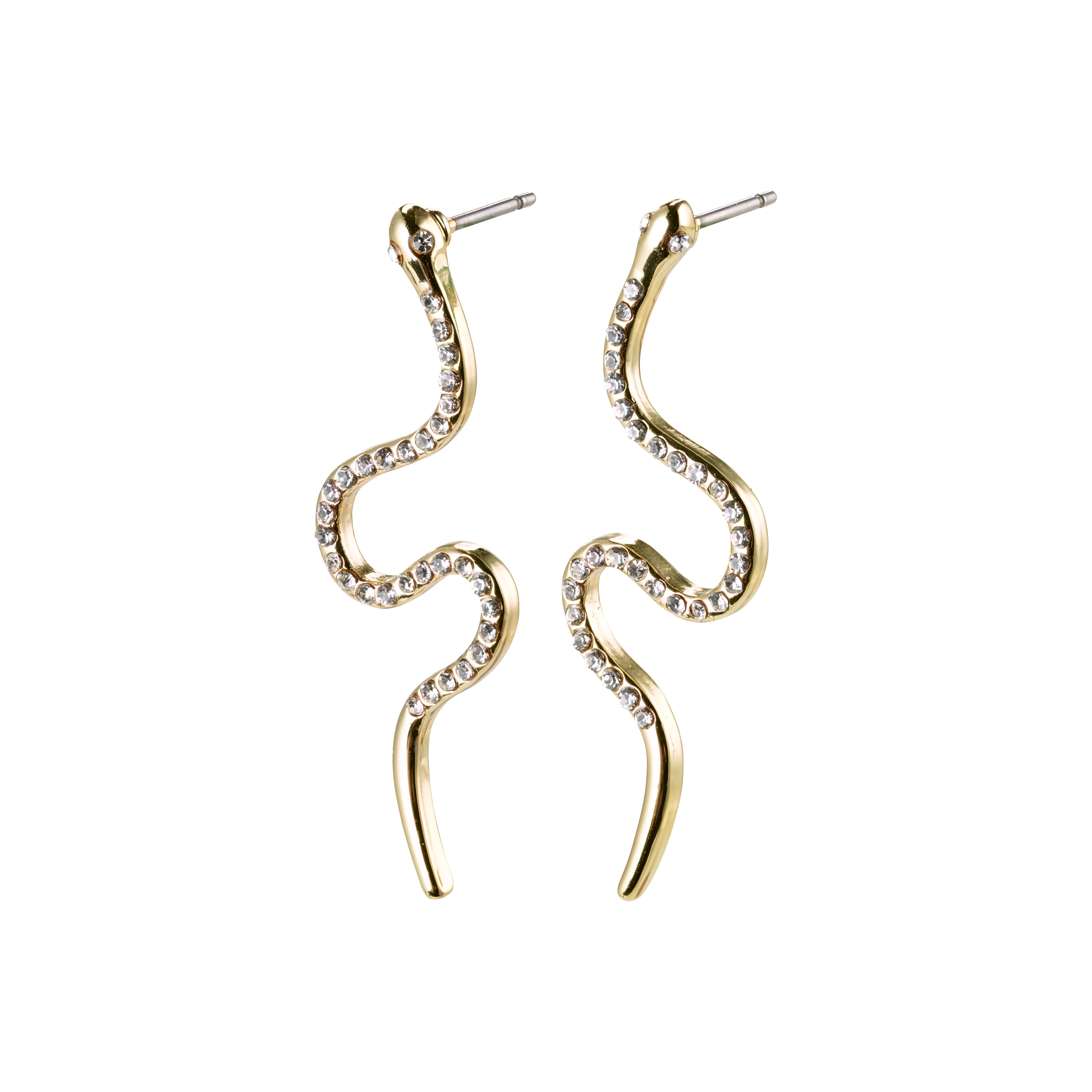 DAGNY crystal earrings gold-plated, featuring gold-plated serpents adorned with crystals, elegantly coiling below the earlobes for a statement, stylish look.