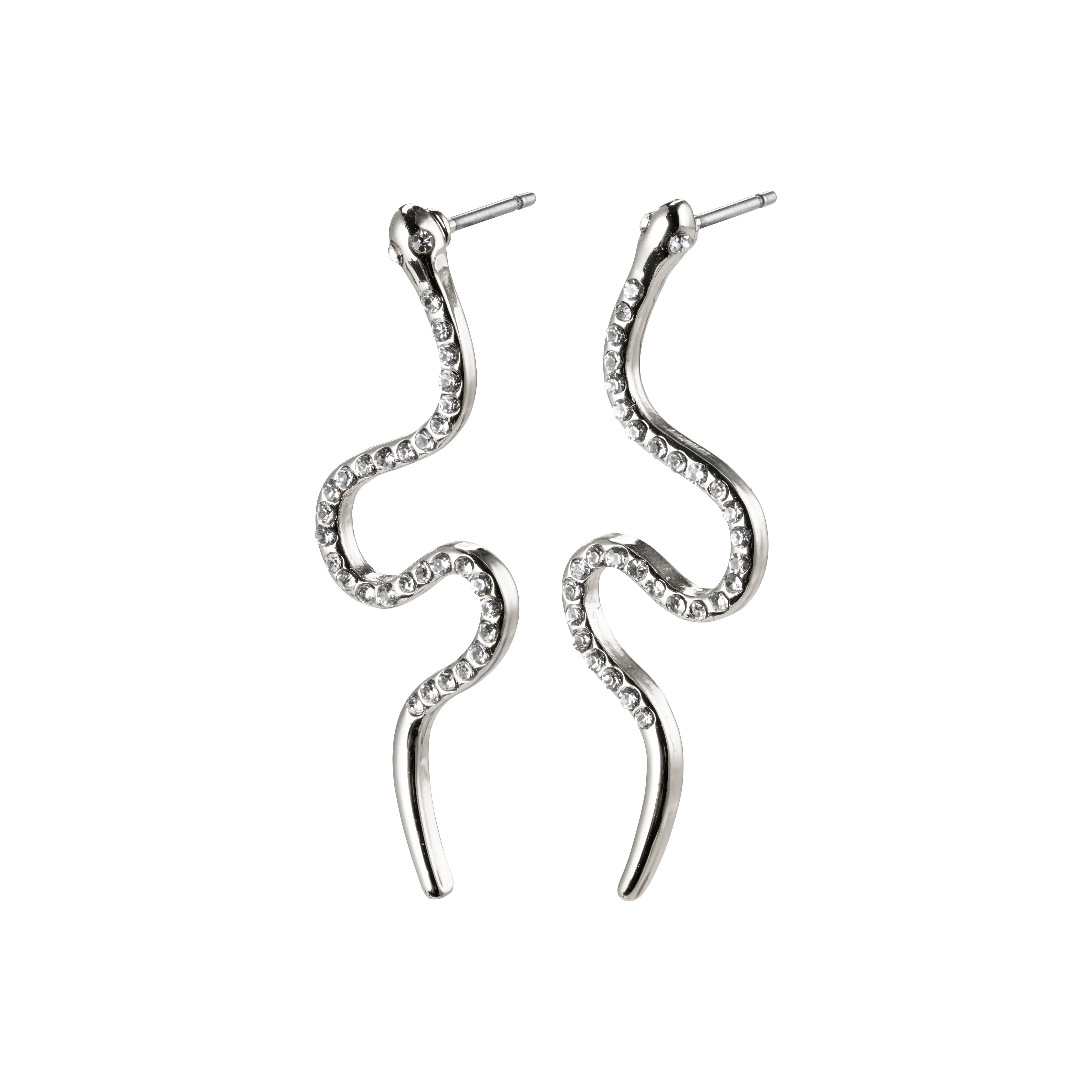 DAGNY crystal earrings silver-plated, featuring coiled serpents adorned with sparkling crystals, elegantly hanging from earlobes, embodying Pilgrim's blend of timeless allure and modern trendiness.