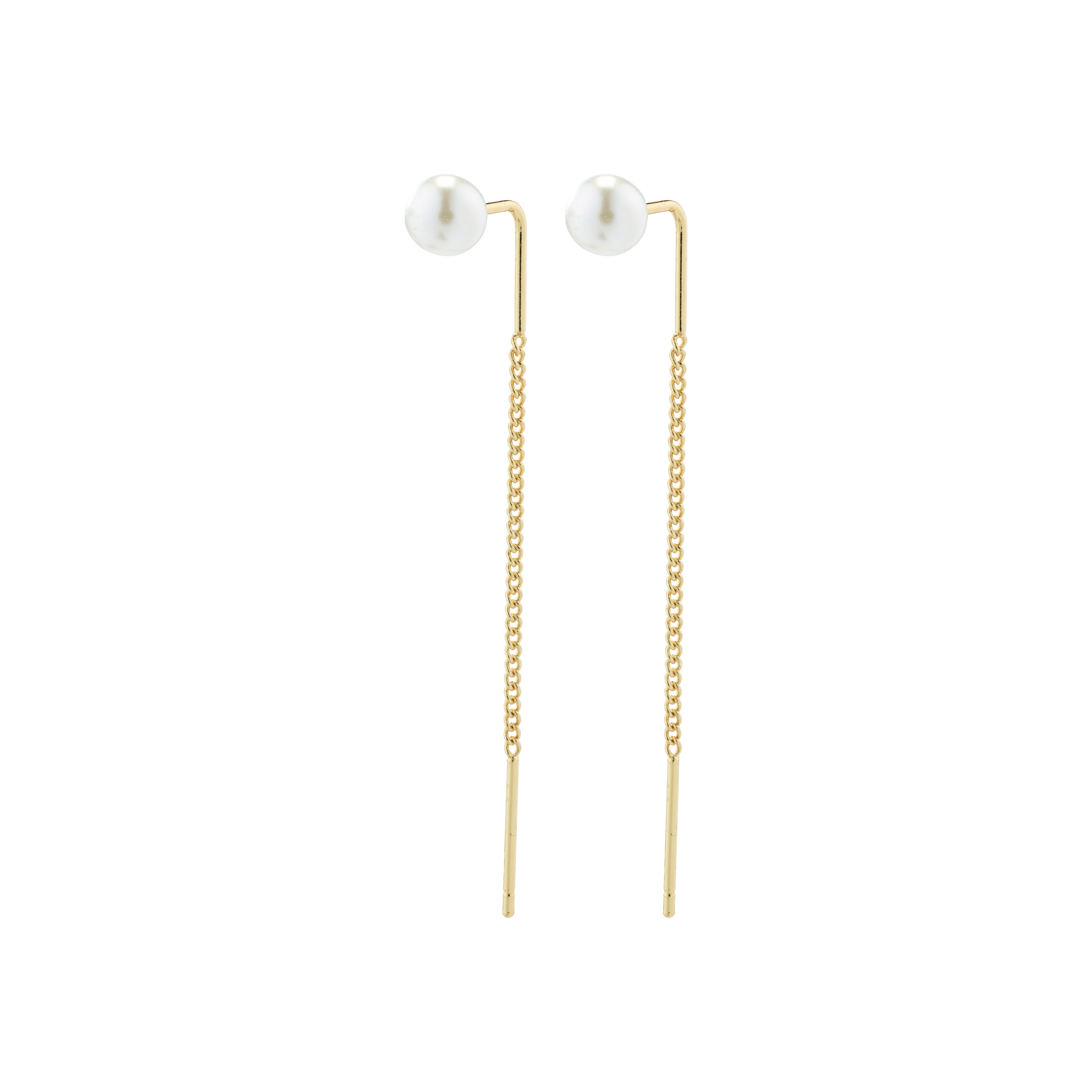 ELBA long chain pearl earrings gold-plated, featuring a classic pearl stud with a gold chain, adding movement and elegance to any ensemble.