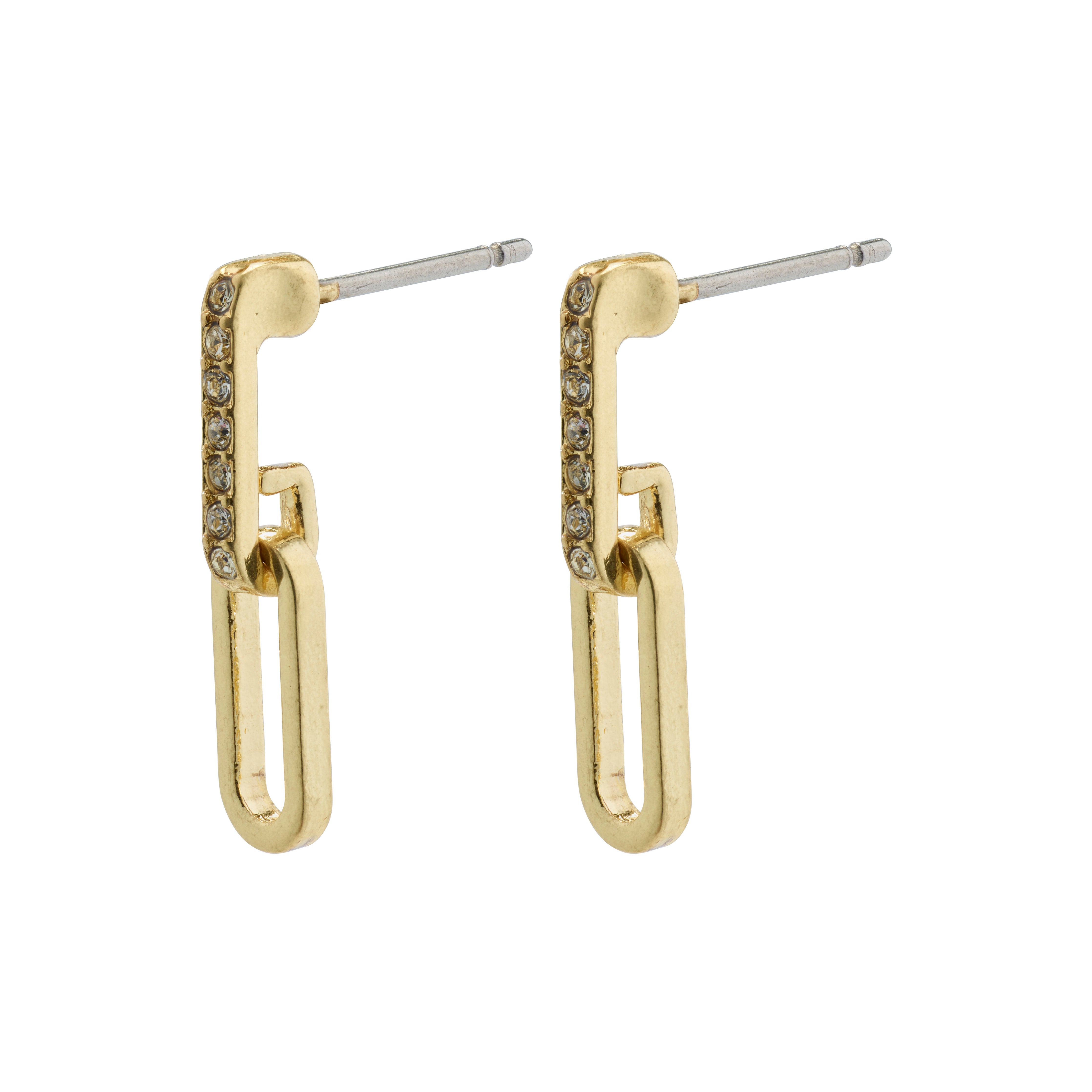 ELISE oval link crystal earrings, gold-plated, featuring raw industrial shapes and shiny Preciosa crystals, offering a unique, stylish accessory.