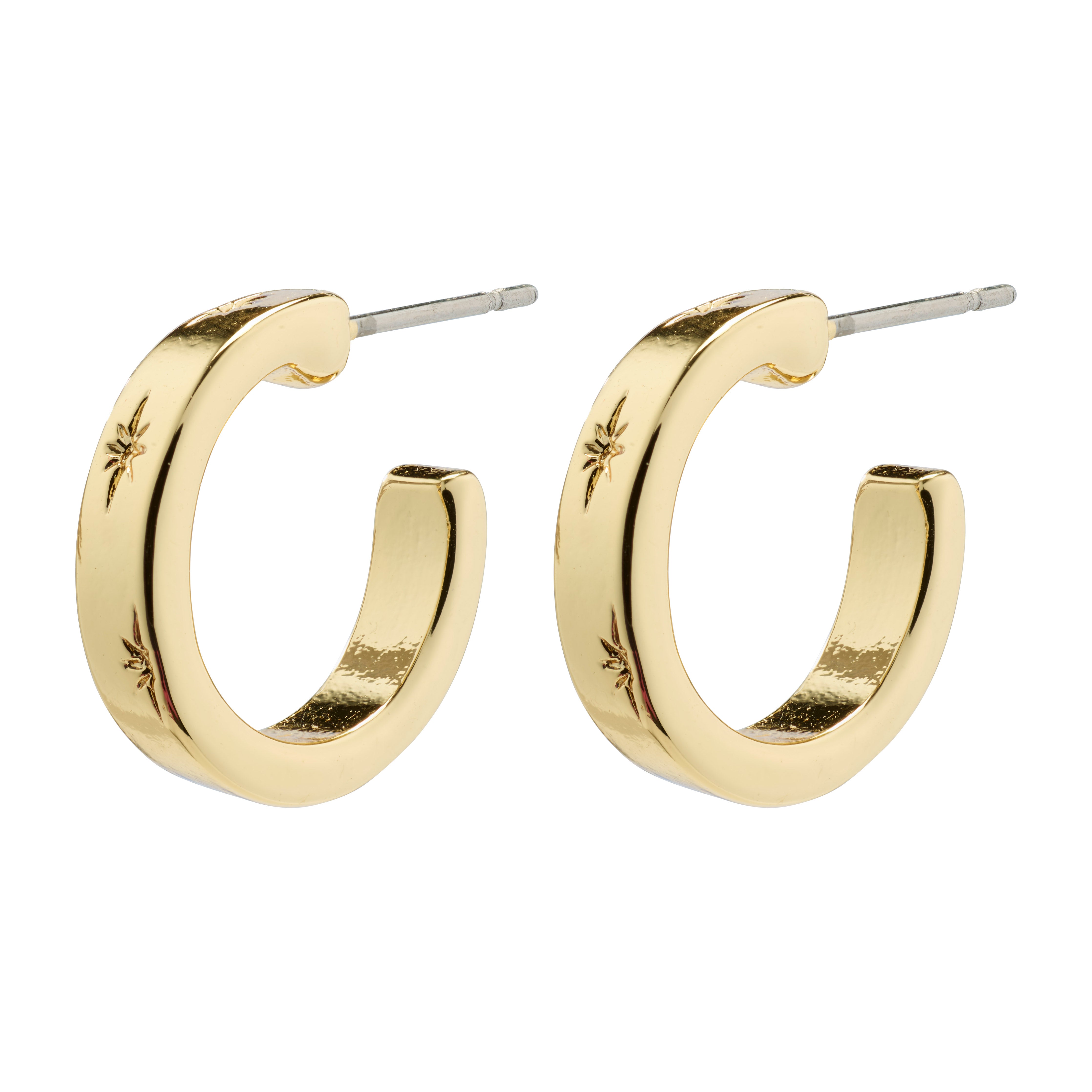 EFIA gold-plated huggie hoop earrings with shiny, engraved starry details and a robust shape, offering a dreamy, elegant accessory for everyday wear.