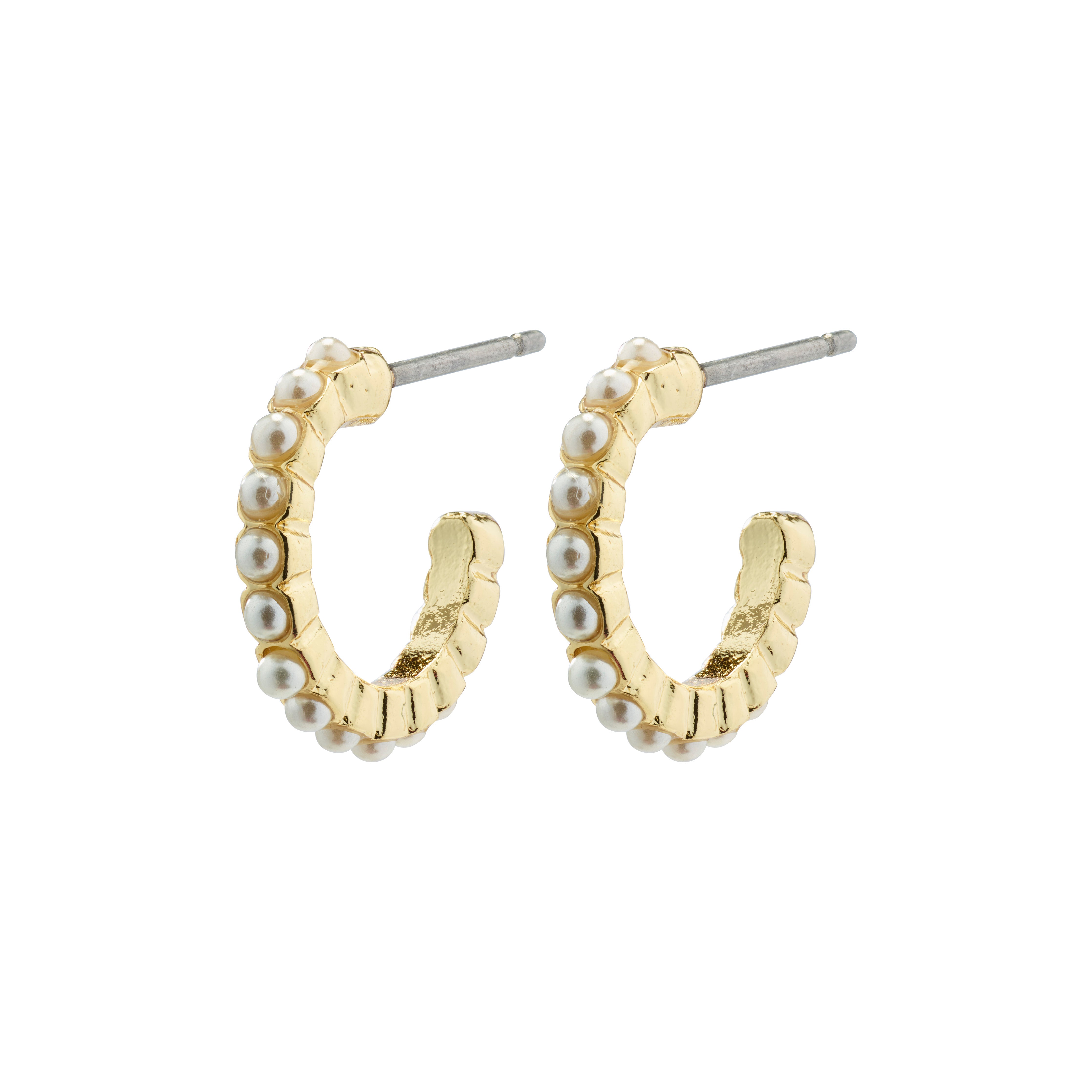 EKTA pearl huggie hoop earrings, gold-plated, featuring a row of pearls along the edge, offering a stylish, feminine accessory from Pilgrim’s Classics collection.