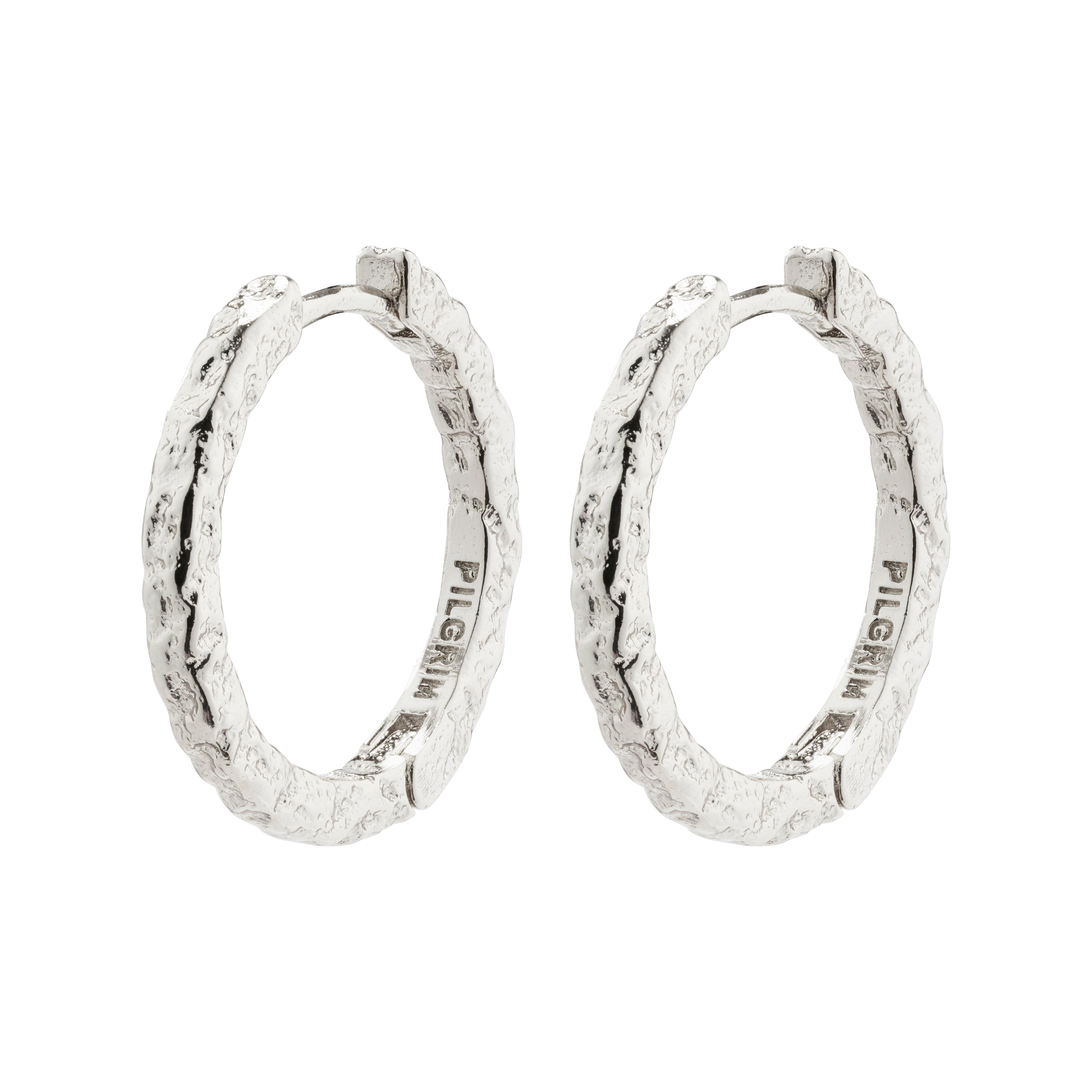 Silver-plated ELANOR hoop earrings by Pilgrim, featuring a rustic texture inspired by Nordic minimalism, ideal for a stylish, sophisticated look.