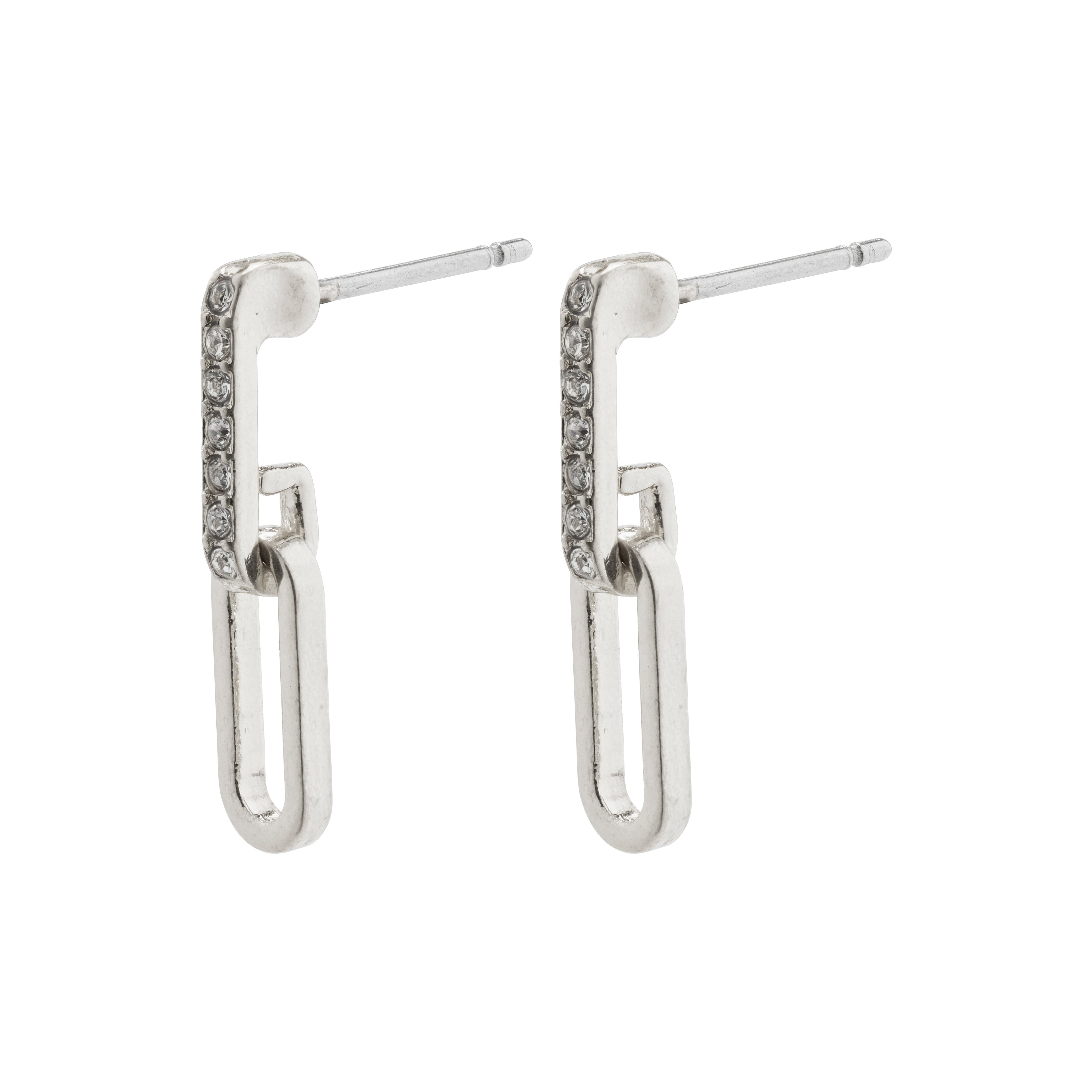 ELISE oval link crystal earrings, silver-plated, featuring a futuristic silhouette with raw links and sparkling Preciosa crystals, exuding a sleek, industrial elegance.