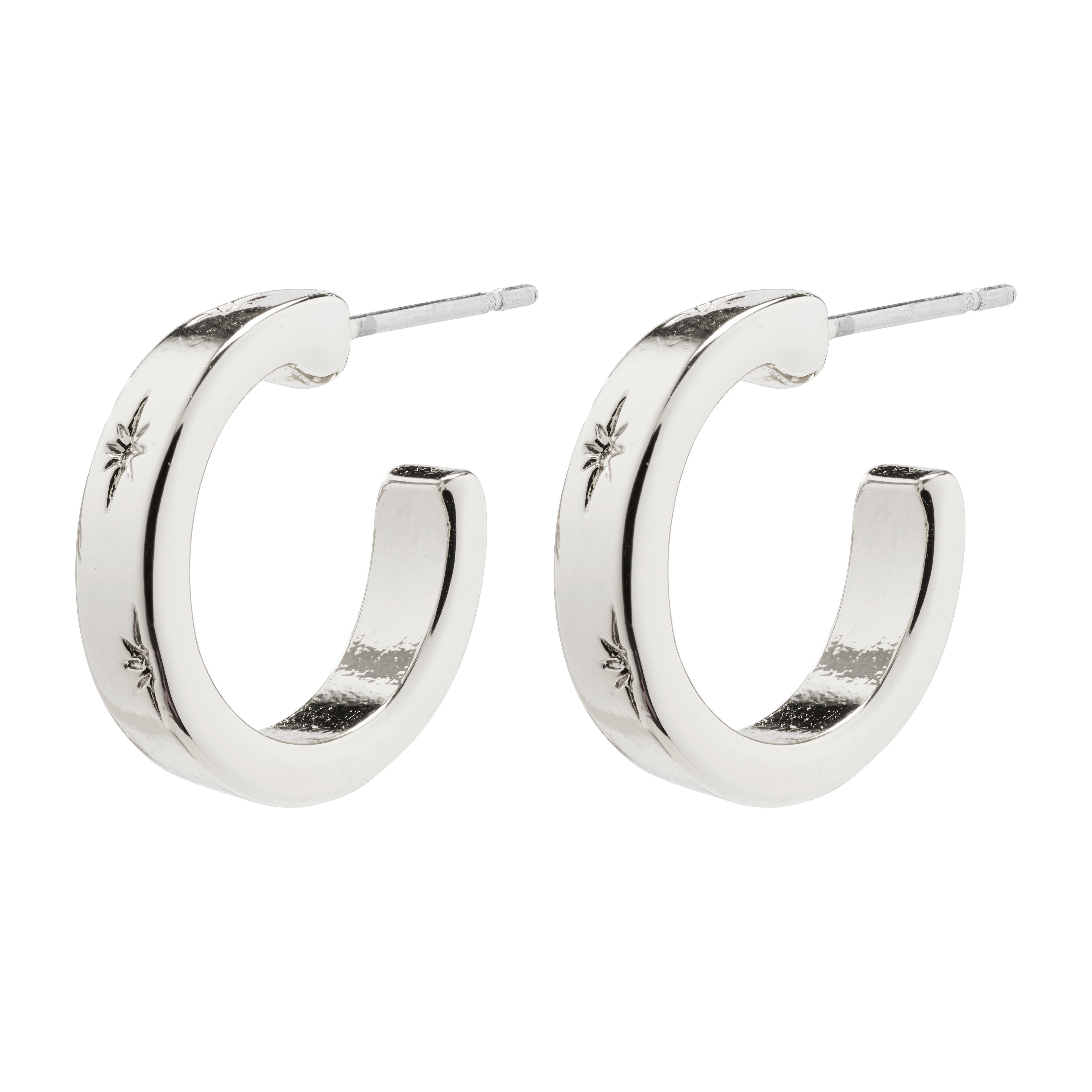 EFIA huggie hoop earrings, silver-plated with starry engravings, showcasing a classic and robust design. Perfect for an everyday, stylish look from Pilgrim.